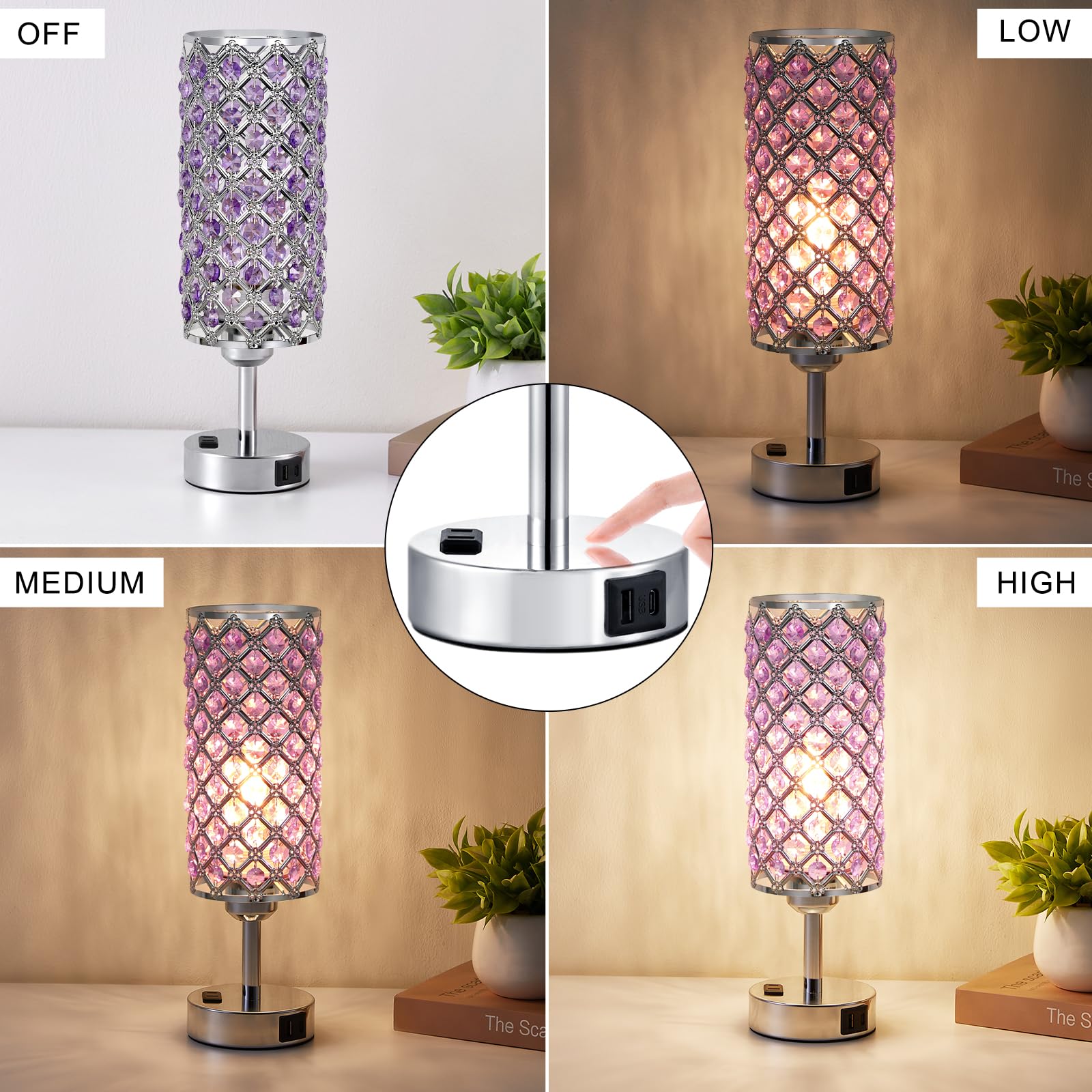 Hong-In Crystal Lamps Set Of 2, 3 Way Dimmable Touch Lamp With Crystal Shade, Bedside Nightstand Lamps For Living Room Bedroom H