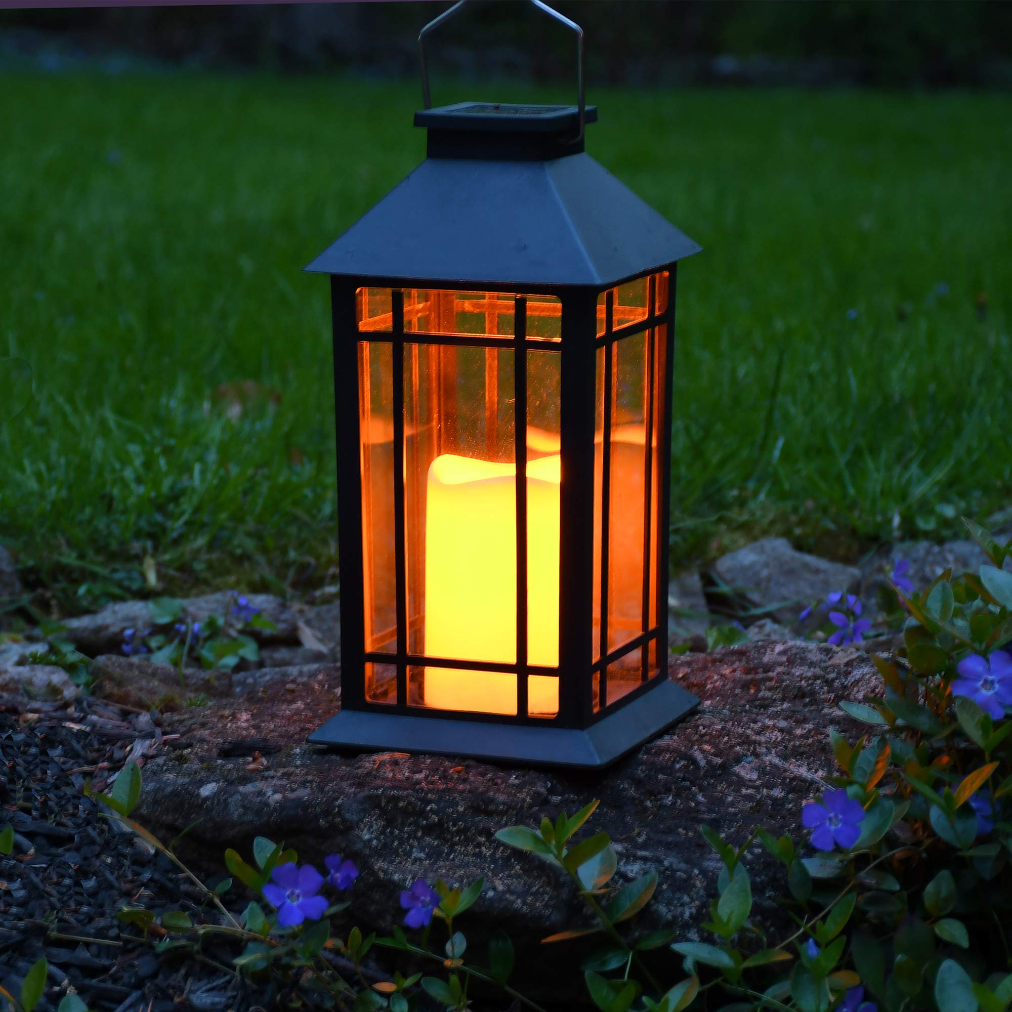 Lumabase Solar Lantern with LED Candle, 11" Black Plastic, Model 94201