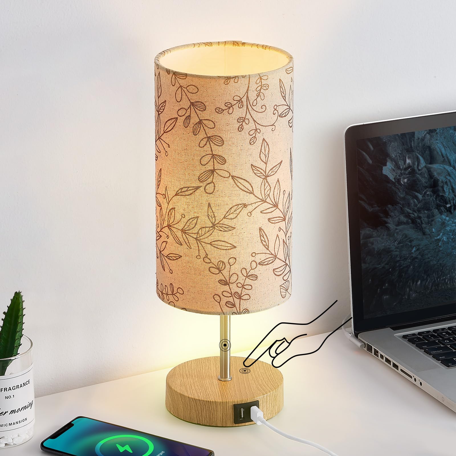 Bedside Touch Lamp, Wood Small Table lamp for Bedroom with 2 USB Charging Ports & Flower Fabric Shade, 3-Way Dimmable Nightstand