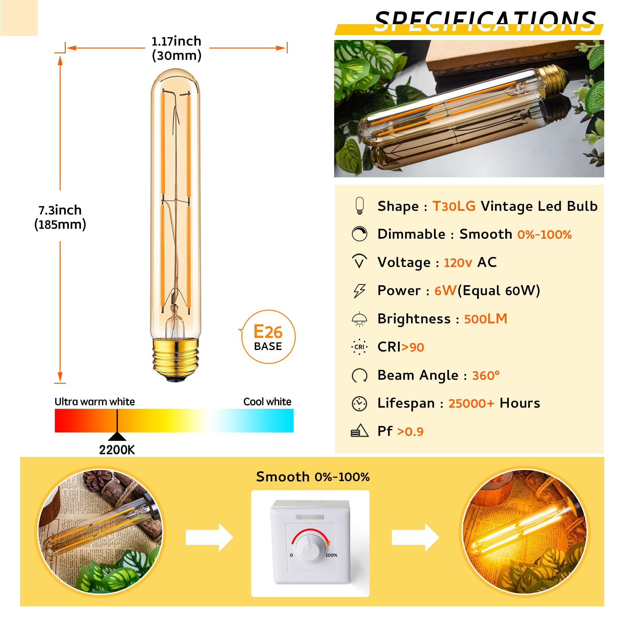Sphoon Dimmable T10 LED Bulb 6W E26 Amber 2200K Warm White, 4-Pack, 7.3 Inch, Perfect for Wall Sconces and Pend