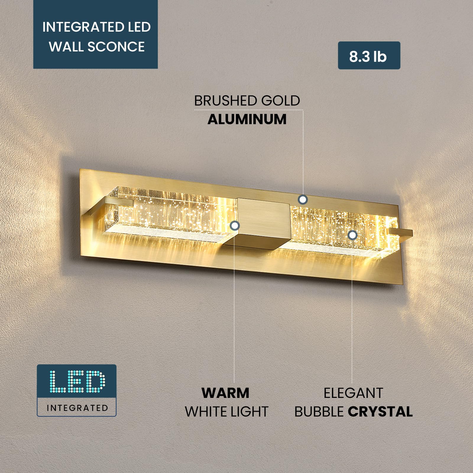 WOSHITU LED Wall Sconce Light - 19" Gold Dimmable Crystal Fixture for Bathroom, Living Room, Bedroom, Hallway