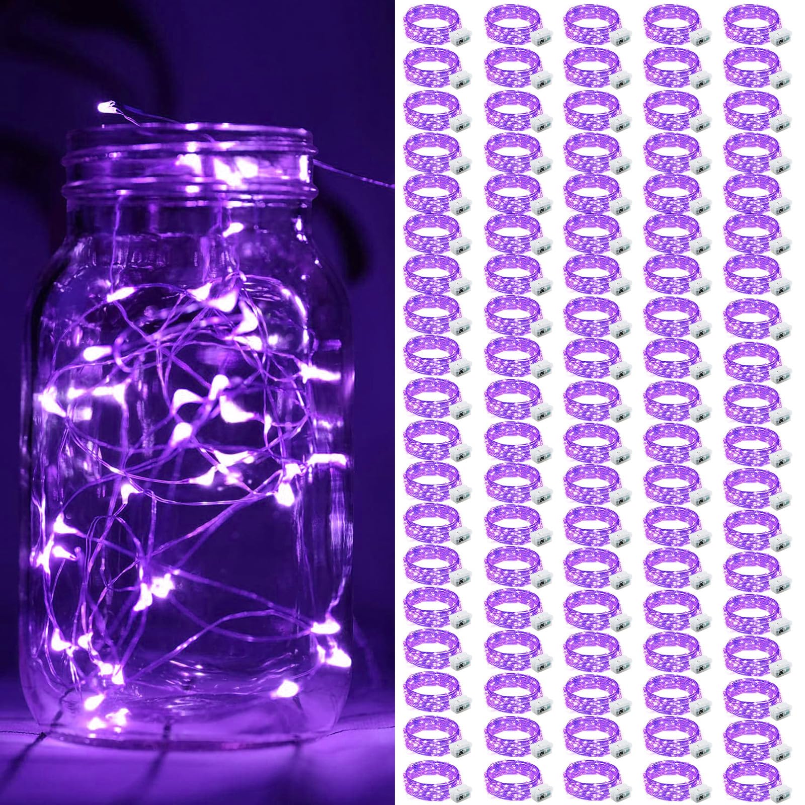 ZGWJ 100 Pack Fairy Lights Battery Operated  7ft 20 Mini LED Fairy String Lights Silver Wire 3 Modes for DIY  Parties  Wedding  Bedroom  Halloween Christmas Decoration Purple