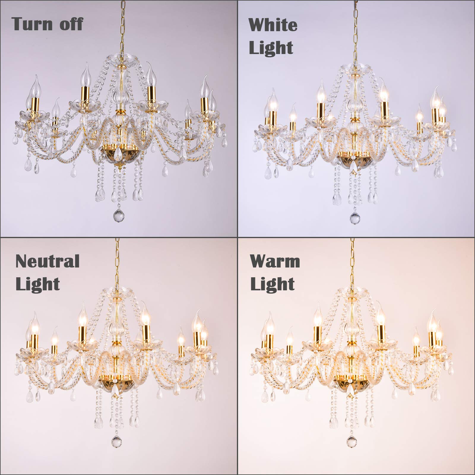 Panghuhu88 K9 Crystal Candle Chandelier, 10-Light Pendant Ceiling Fixture, Elegant Gold Decoration for Dining, Living Room, Bedroom