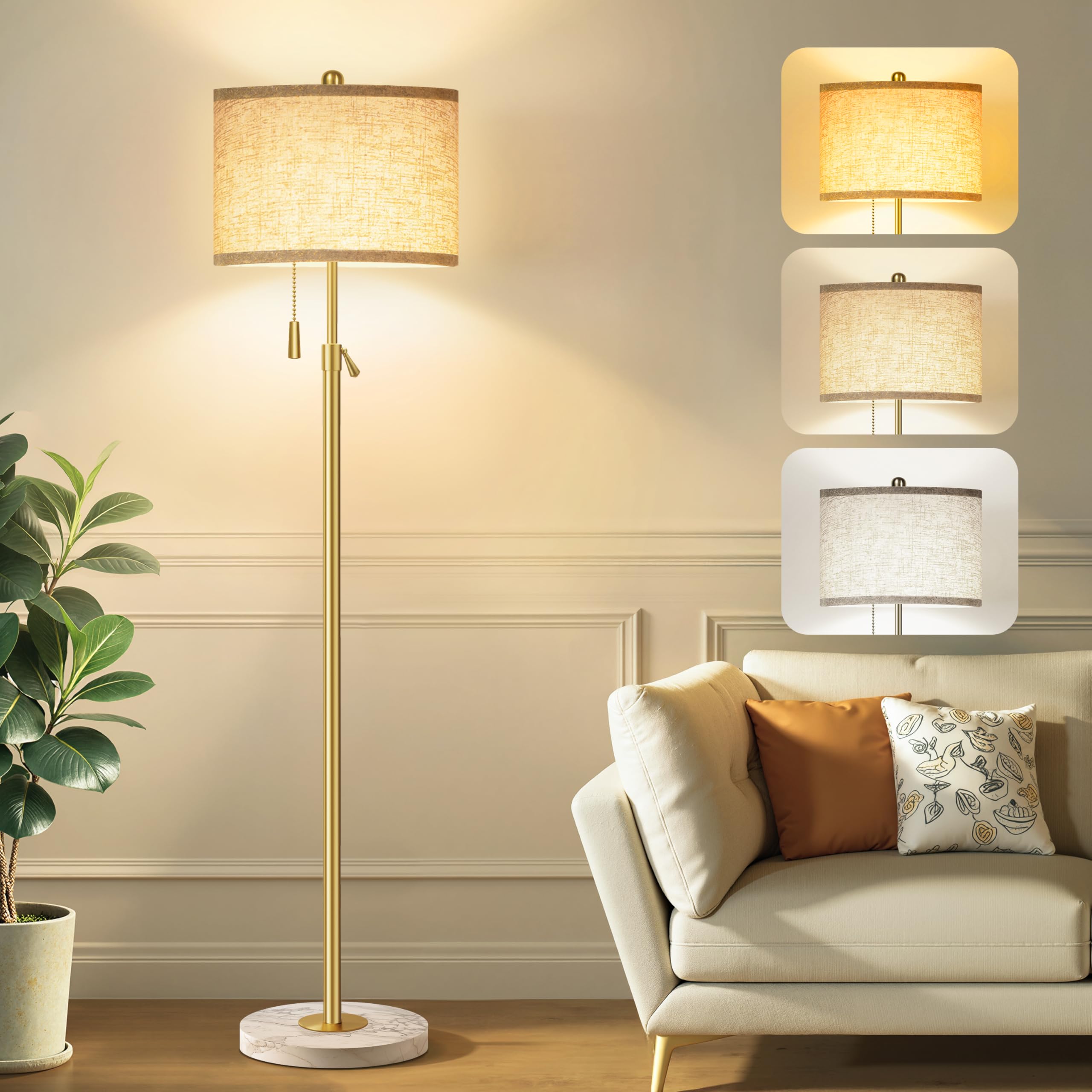 FUNNYBEHOM Modern Gold Floor Lamp for Living Room - Adjustable Height Standing Lamp with Marble Base & Linen Shade  3-Way Dimmable Tall Floor Light for Bedroom  Reading  Bulb Included
