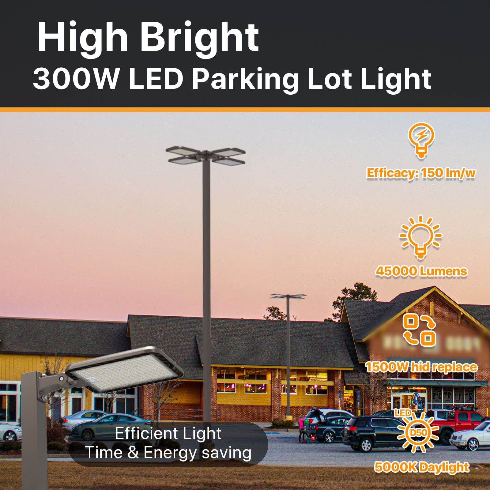 DEMILARE 300W LED Parking Lot Light - Adjustable Arm Mount, 45000lm, 5000K, Bronze, IP65 Waterproof, Dusk to Dawn, Quick Installation