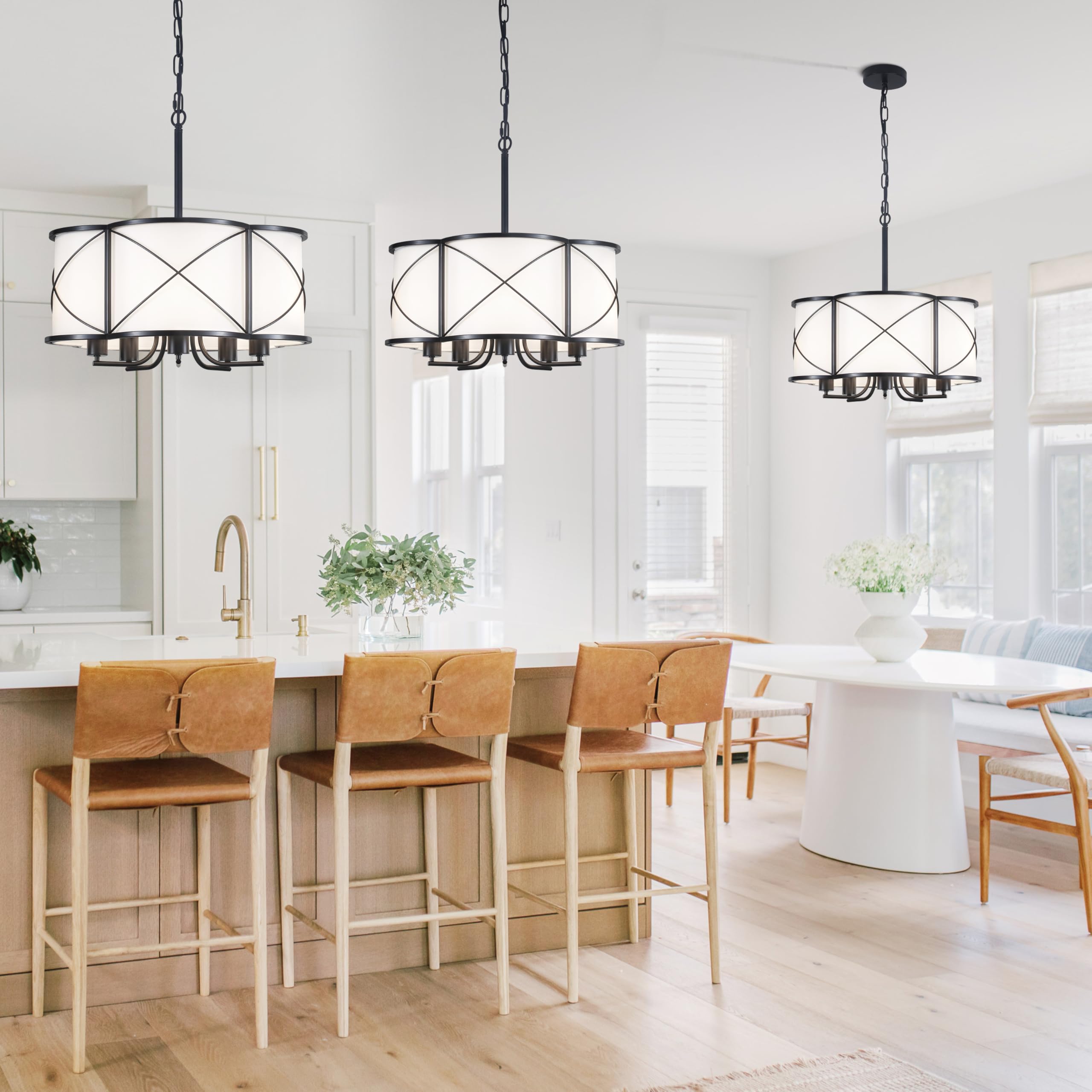 19'' Farmhouse Drum Chandelier For Dining Room 5-Light Black Modern Pendant Light White Fabric Retro Height Adjustable Lighting