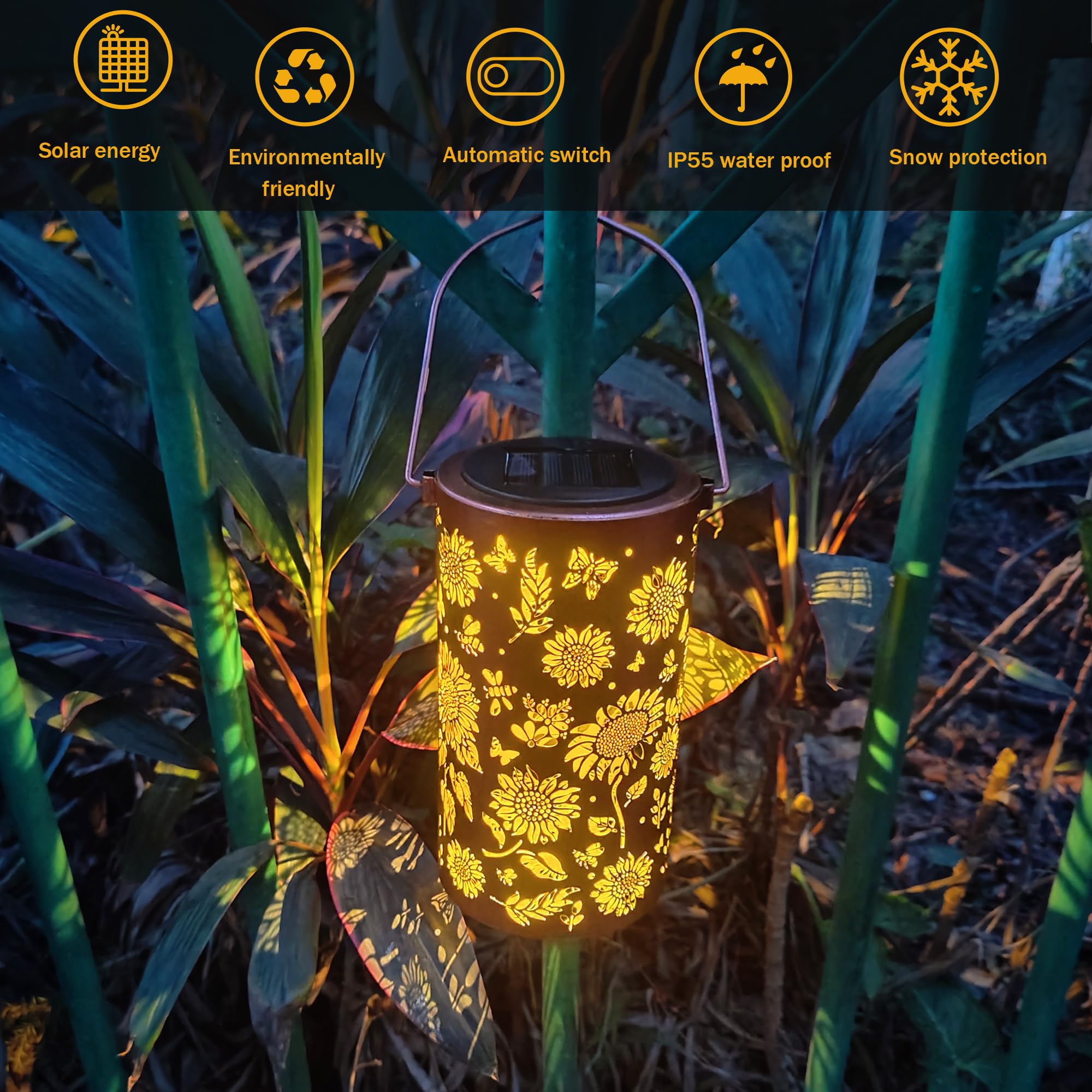 ANYTALK Solar Lanterns 2-Pack, Sunflower Outdoor Hanging Lights, Waterproof Iron Decor for Yard, Patio, Garden - Deco&Dot Model