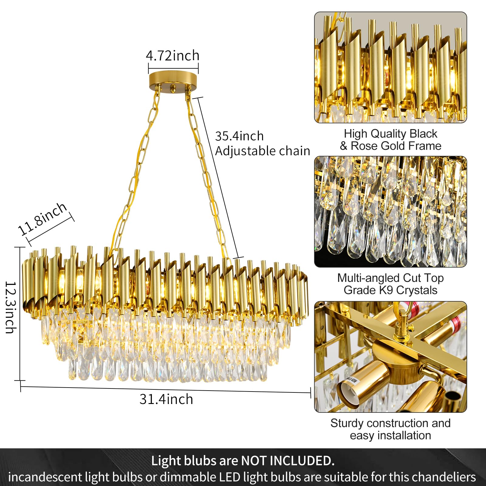 AKDXIRUN 8-Light Modern Gold Crystal Chandelier, 32in Rectangular Pendant Light for Dining Room, Living Room, Kitchen Island, Brass Gold