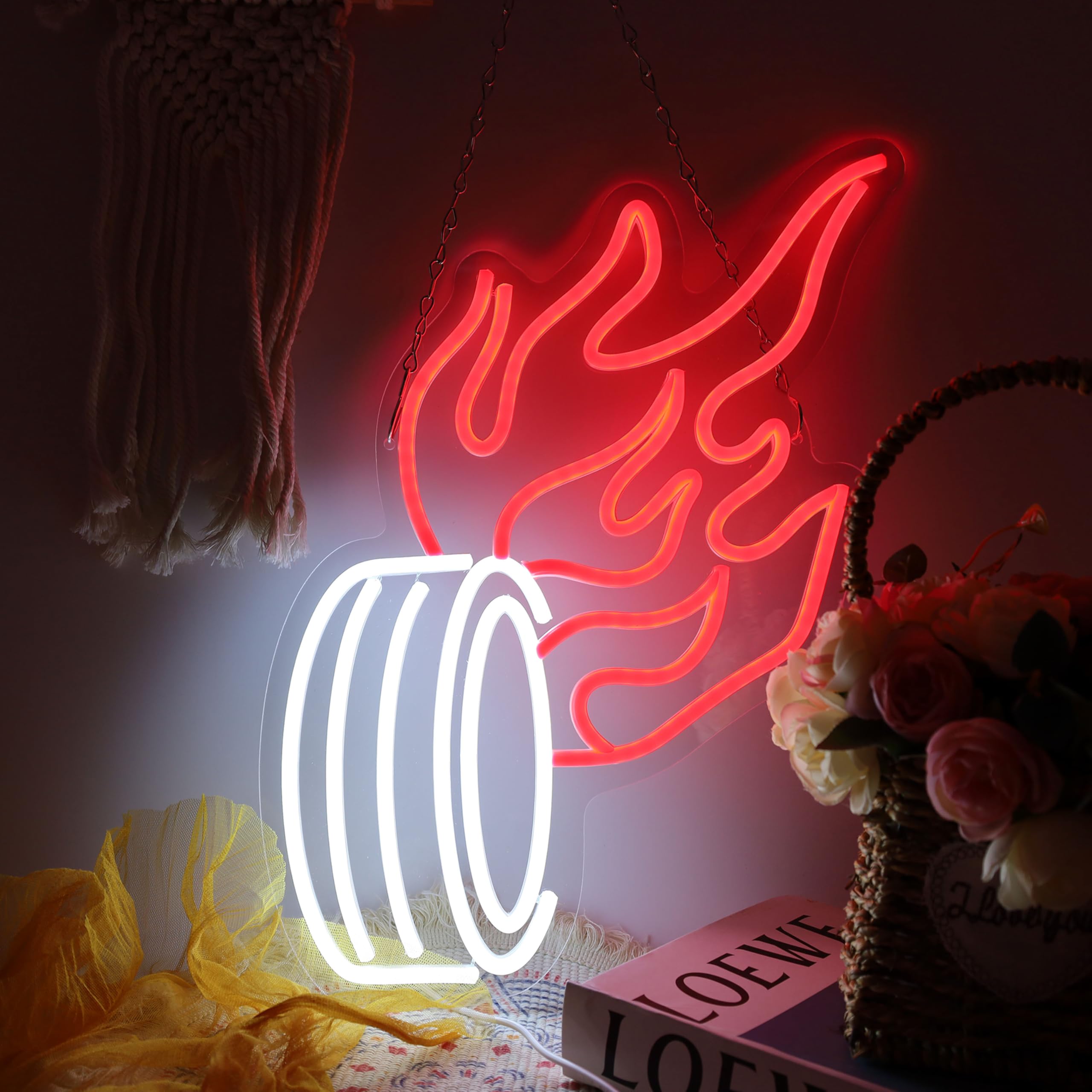 LeDigPig Fire Car Neon Sign LED Light Up Wall Art 12.6inx16.5in Wheel-Red Acrylic Decor for Man Cave Garage