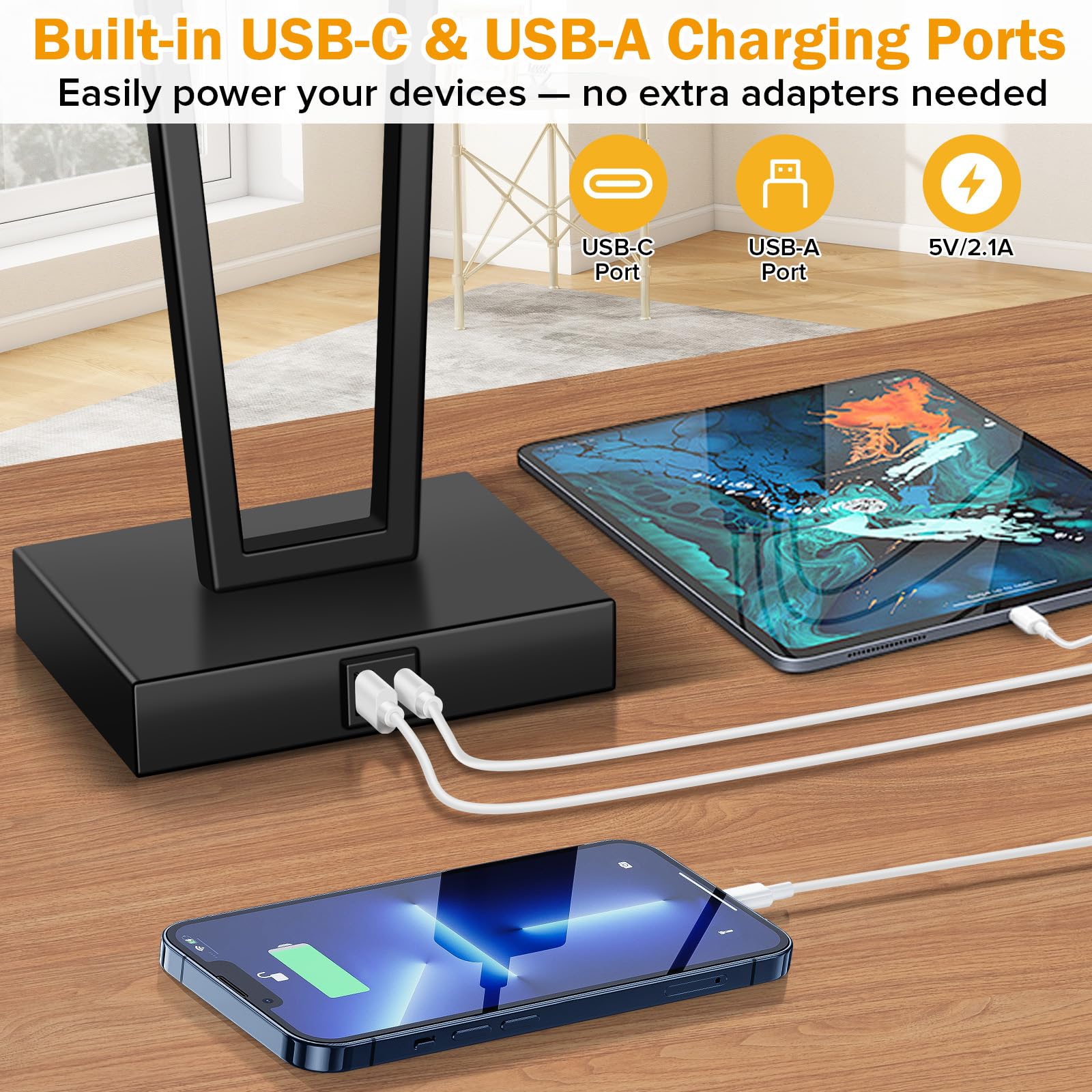 LEDIKON Touch Bedside Lamps Set of 2, 3-Way Dimmable Table Lamps with USB-C & USB-A Ports and LED Bulbs, Modern Black Nightstand