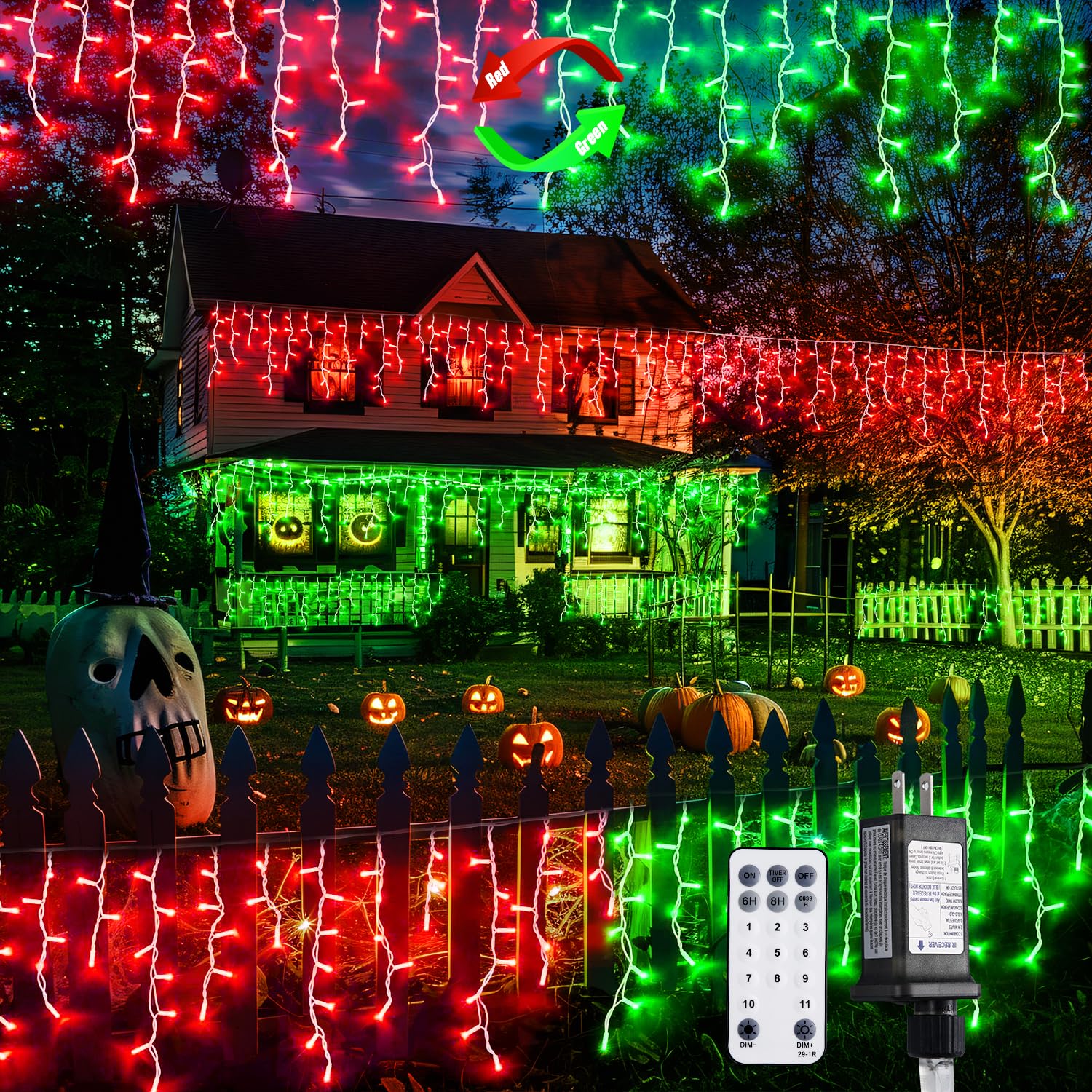 JMEXSUSS 400 LED Icicle Lights, Red & Green, Clear Wire, 11 Modes, Model EXS-I-0400-R, Outdoor Christmas & Halloween Decorations
