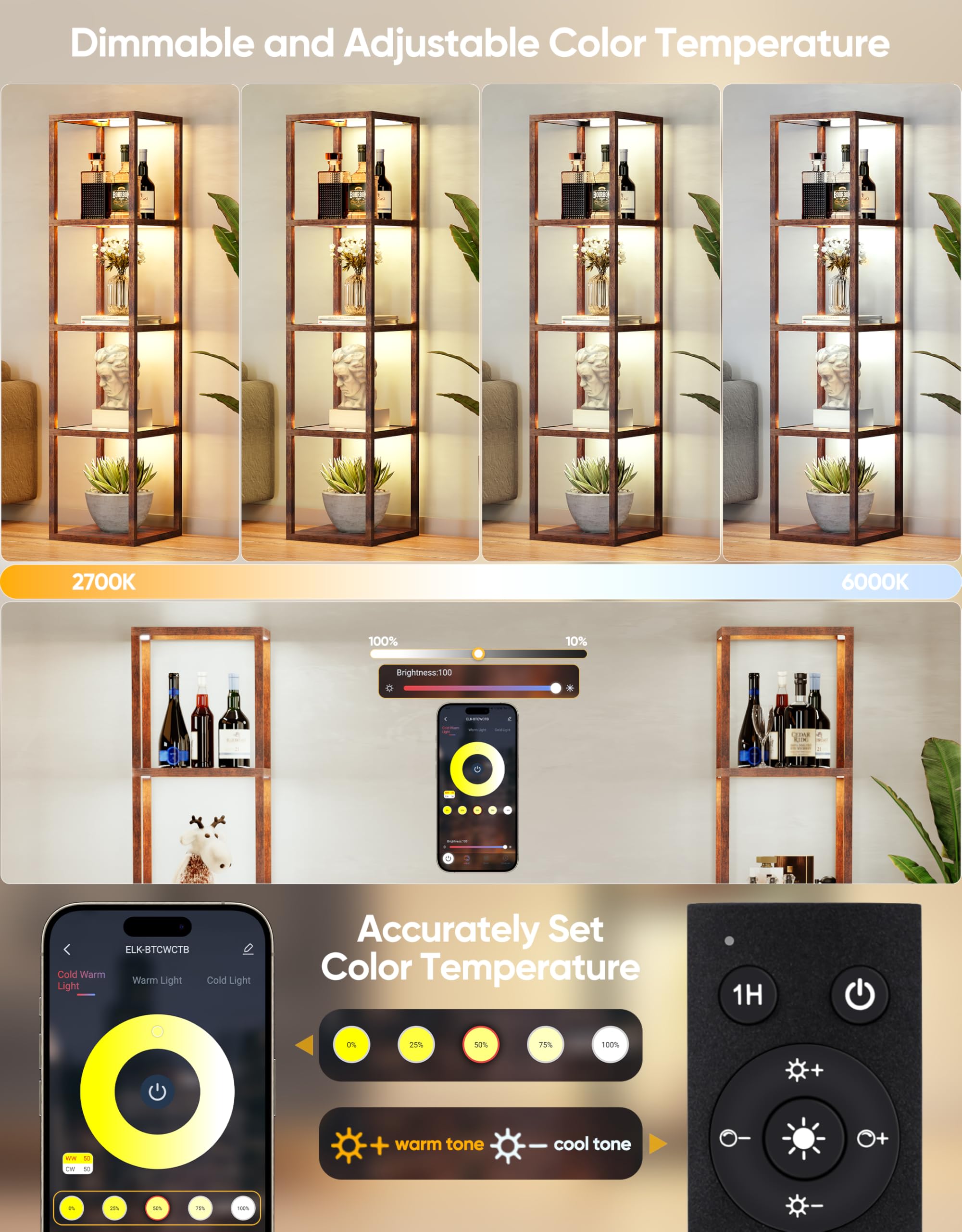 Partphoner Floor Lamp Glass Display Shelf With Remote/App Control, Dimmable Led Floor Lamp With Shelves, Open Display Cabinet, C