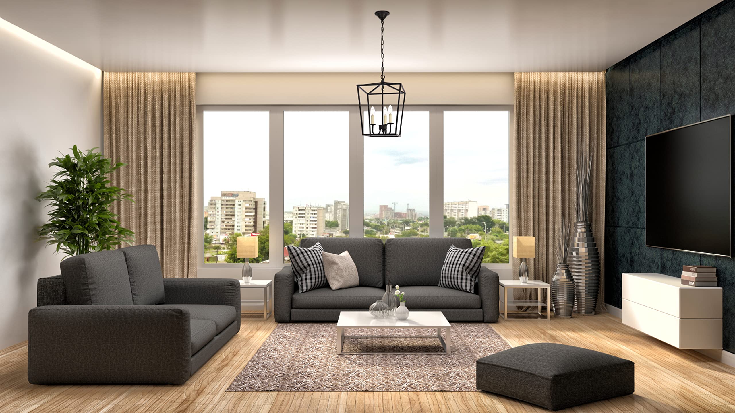 Elegant Lighting Maddox Collection 3 Light Pendant Lamp with Metal Frame and Hanging Chain  Black - 12.5''D x 18.25''H