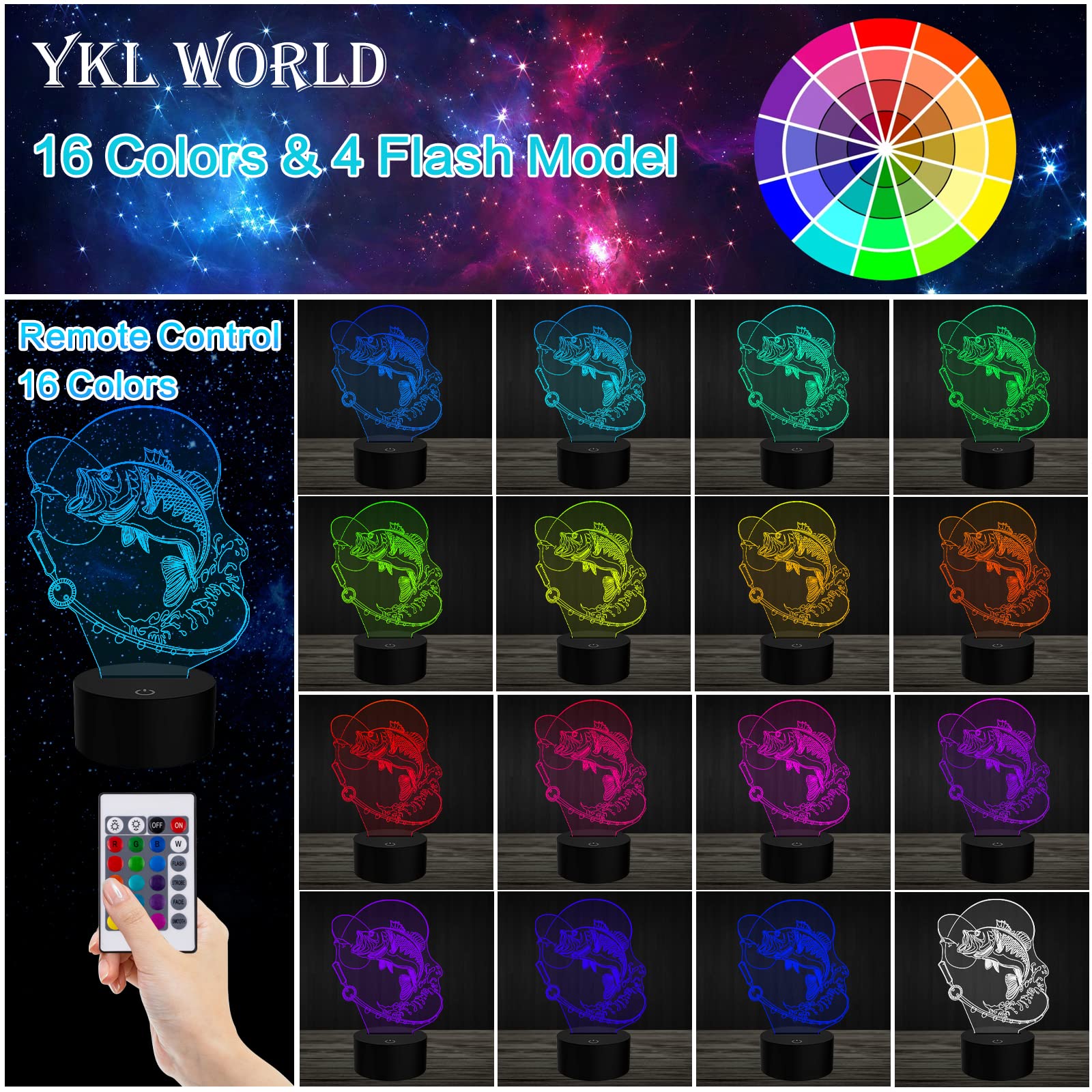 Yklworld 3D Fishing Lamp Illusion Led Night Light Touch Fish Desk Table Lamps 16 Color Change Usb Charging/Battery Powered Home