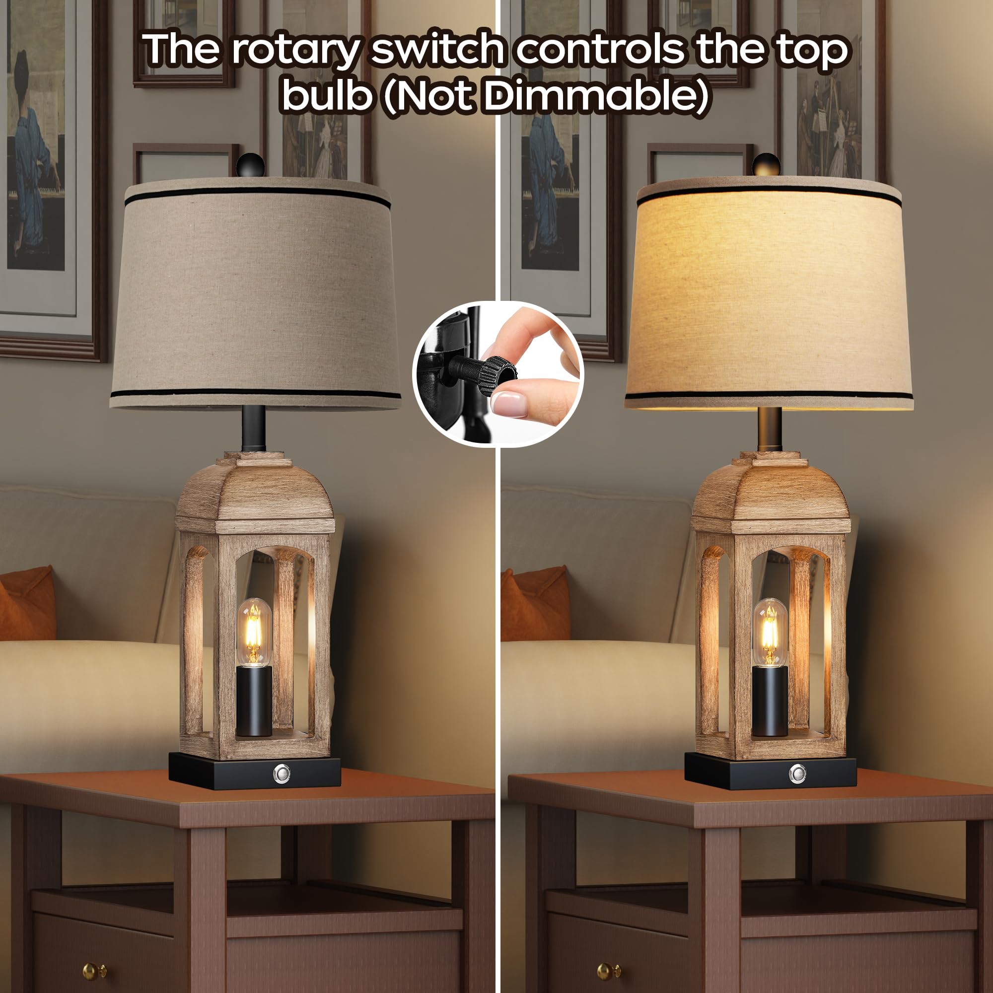 Qimh Table Lamp For Living Room, Farmhouse Lamps Set Of 2 With Usb A+C And Nightlight, 26'' Rustic Bedside Lamps With 3-Way Dimm