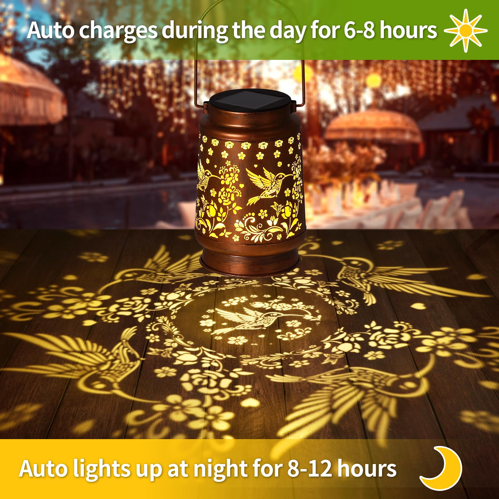 Kaakuuki Hummingbird Solar Lantern - Metal LED Garden Decor, Waterproof, Bronze Color, Model DL-01