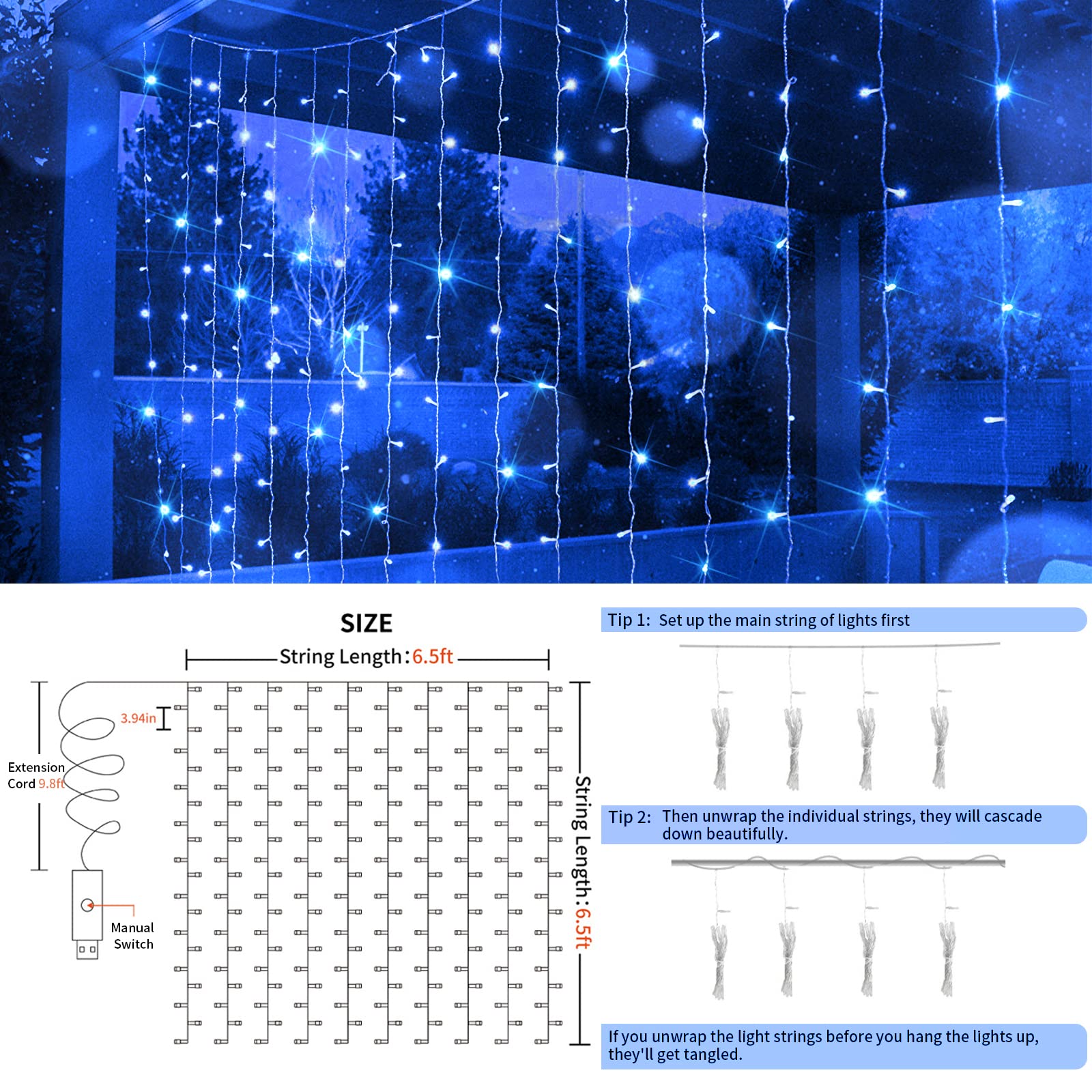 suddus 200 LED Curtain Lights - Blue Waterproof Fairy String Lights for Bedroom, Backdrop, Window, Wall, Party, Model SD-200CUSB