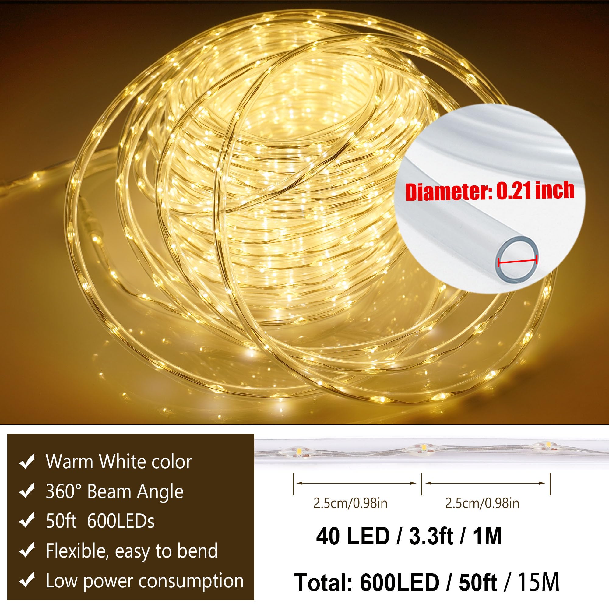 OMIKA Connectable Outdoor Rope Lights, 50ft 600 LED, Warm White, Waterproof, 8 Modes, for Camping, Garden, Patio, Deck, Tree Décor