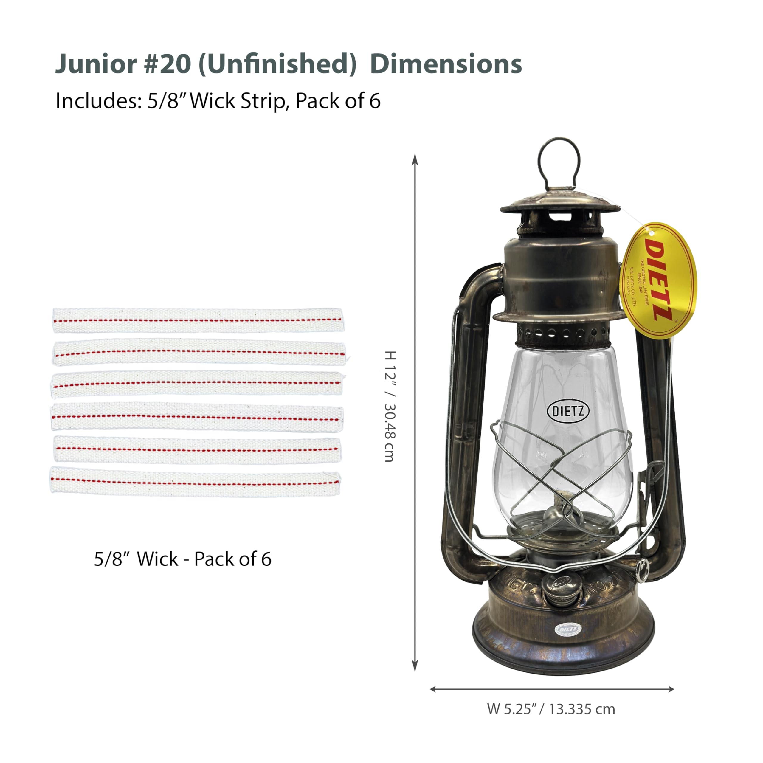 Light of Mine - Dietz #20 Junior Unfinished Oil Lantern with 100% Cotton 5/8 Replacement Wick Strips (Unfinished)