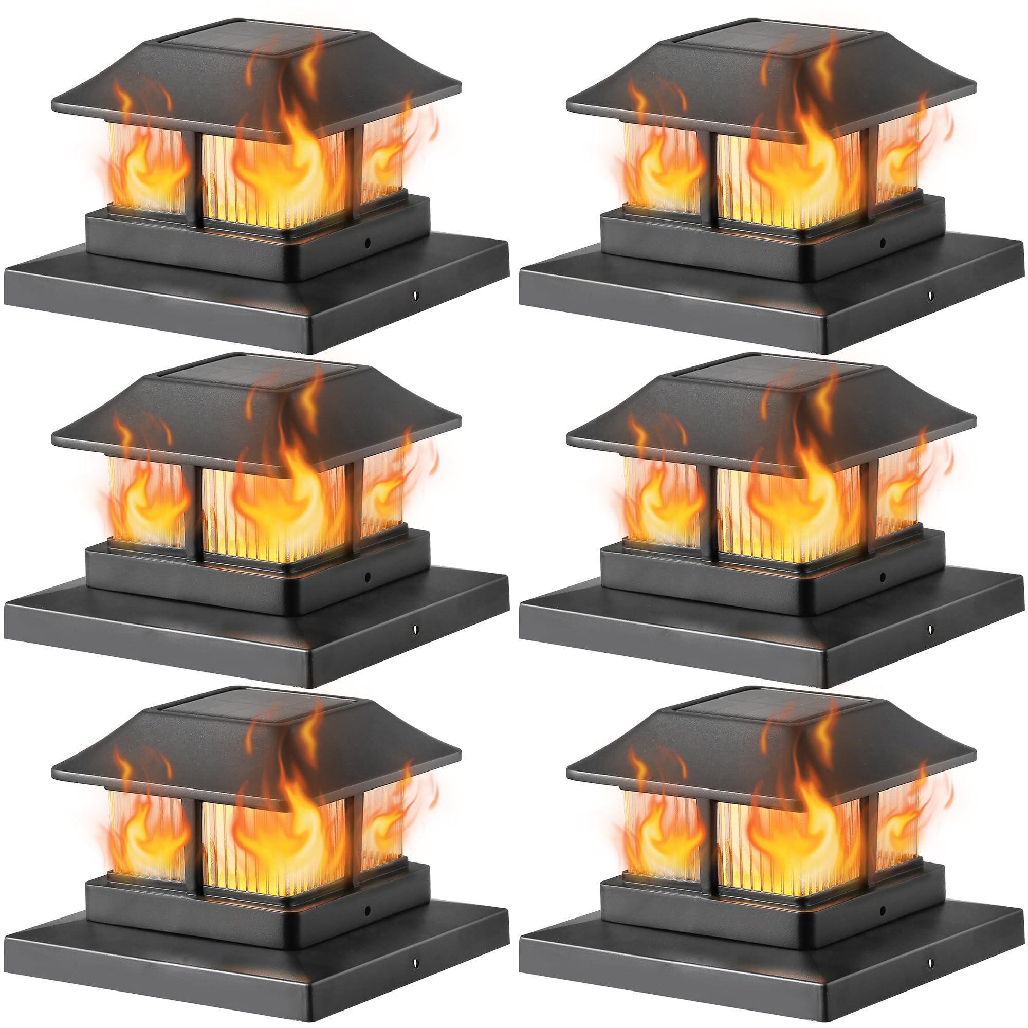 Dynaming Solar Flame Post Cap Lights, Waterproof Flickering LED Lanterns, 6 Pack, Fits 4x4, 5x5, 6x6 Posts, Black, Model 