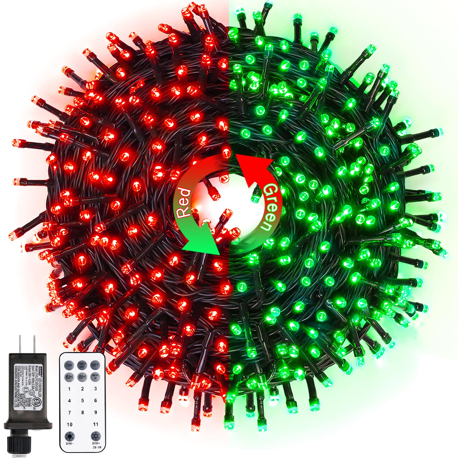 JMEXSUSS 200 LED Christmas Lights, 66ft Red and Green, 11 Modes, Waterproof, Connectable, Model EXS-S-0200-R