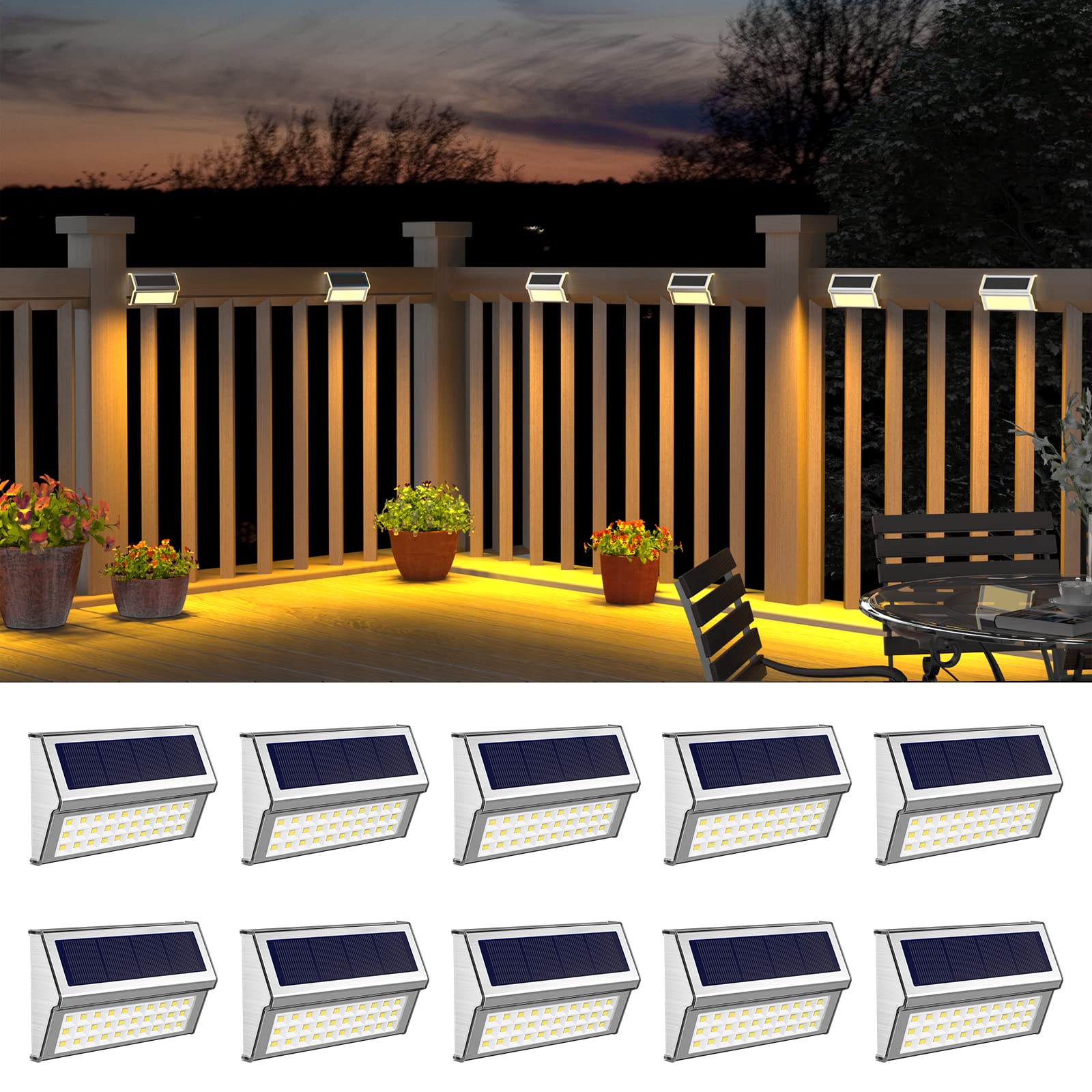 Roshwey Deck Lights, 10 Pack 30 Led Deck Lights Solar Powered Outdoor Waterproof, Patio Step Lighting Outdoor Decor, Stainless S