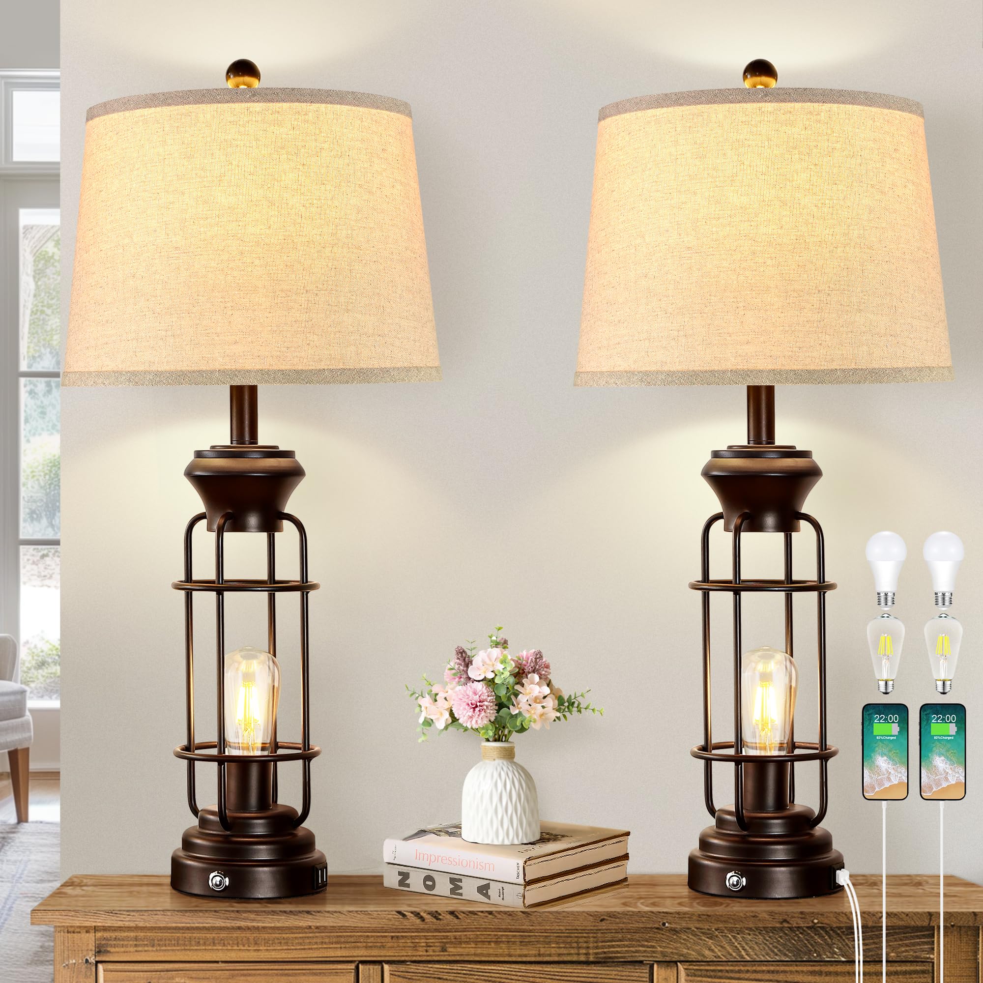 BZZMMB 28.5'' Farmhouse Lamps for Bedrooms Set of 2, Tall Table Lamps for Living Room with Dual USB Charging Port, Oil Rubbed Br