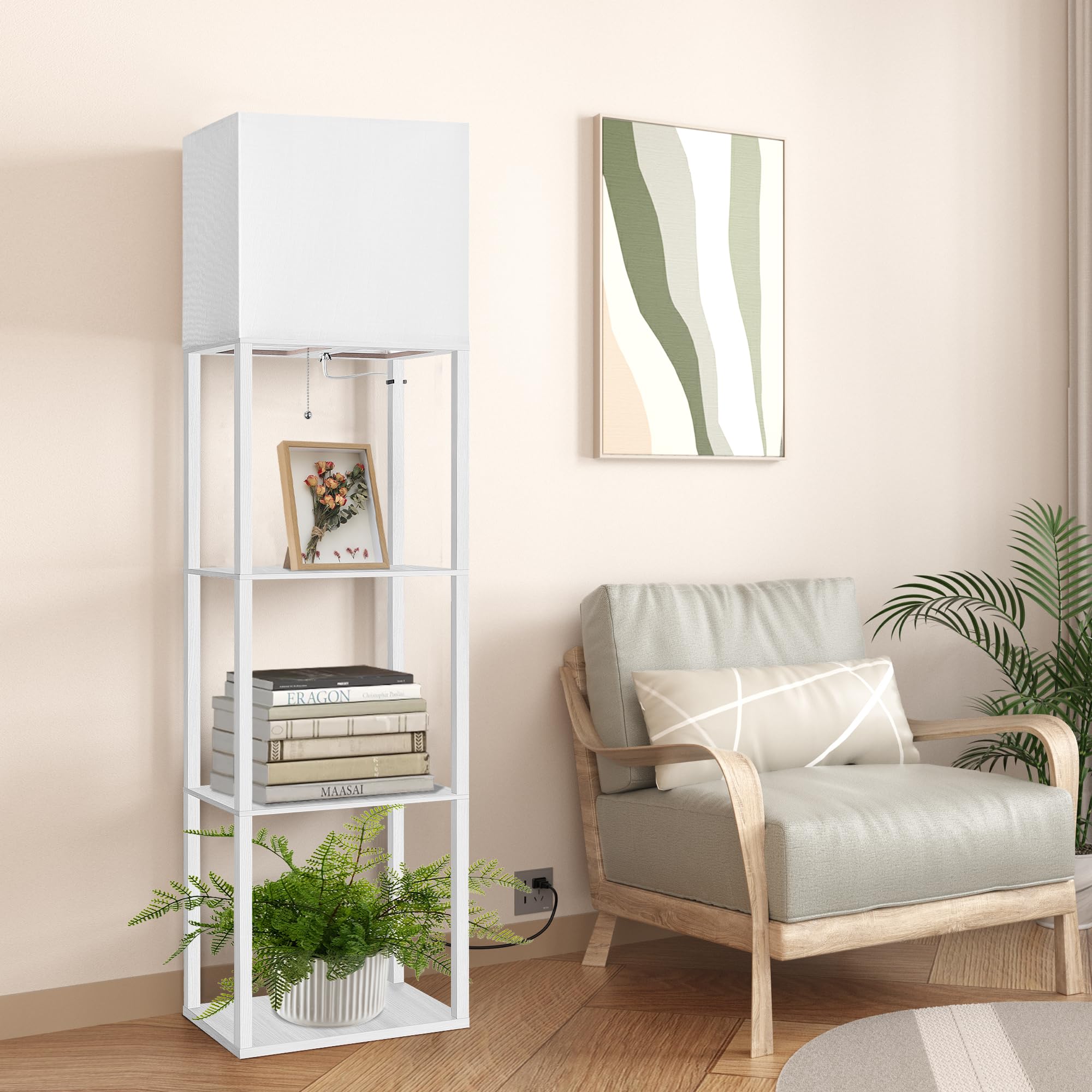 Dott Arts Floor Lamp with Shelves, 15.7in Wide, Wood, White, Model WLM1600-FLA-15W-12, 3 Color LED Bulb