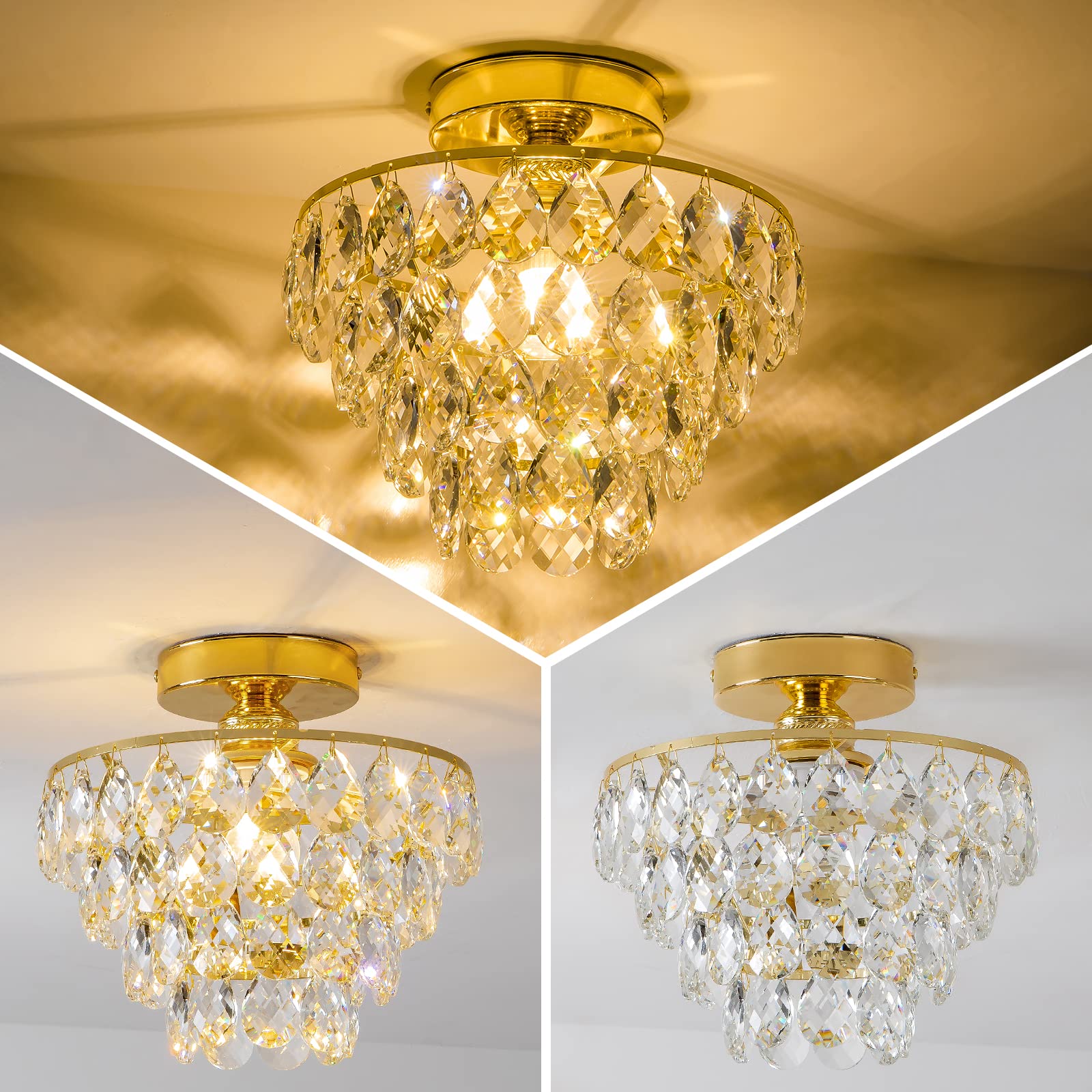 Modern Gold Crystal Chandeliers, Mini Flush Mount Ceiling Light Fixture, Close To Ceiling Lamp Fixture For Hallway Bedroom Bathr