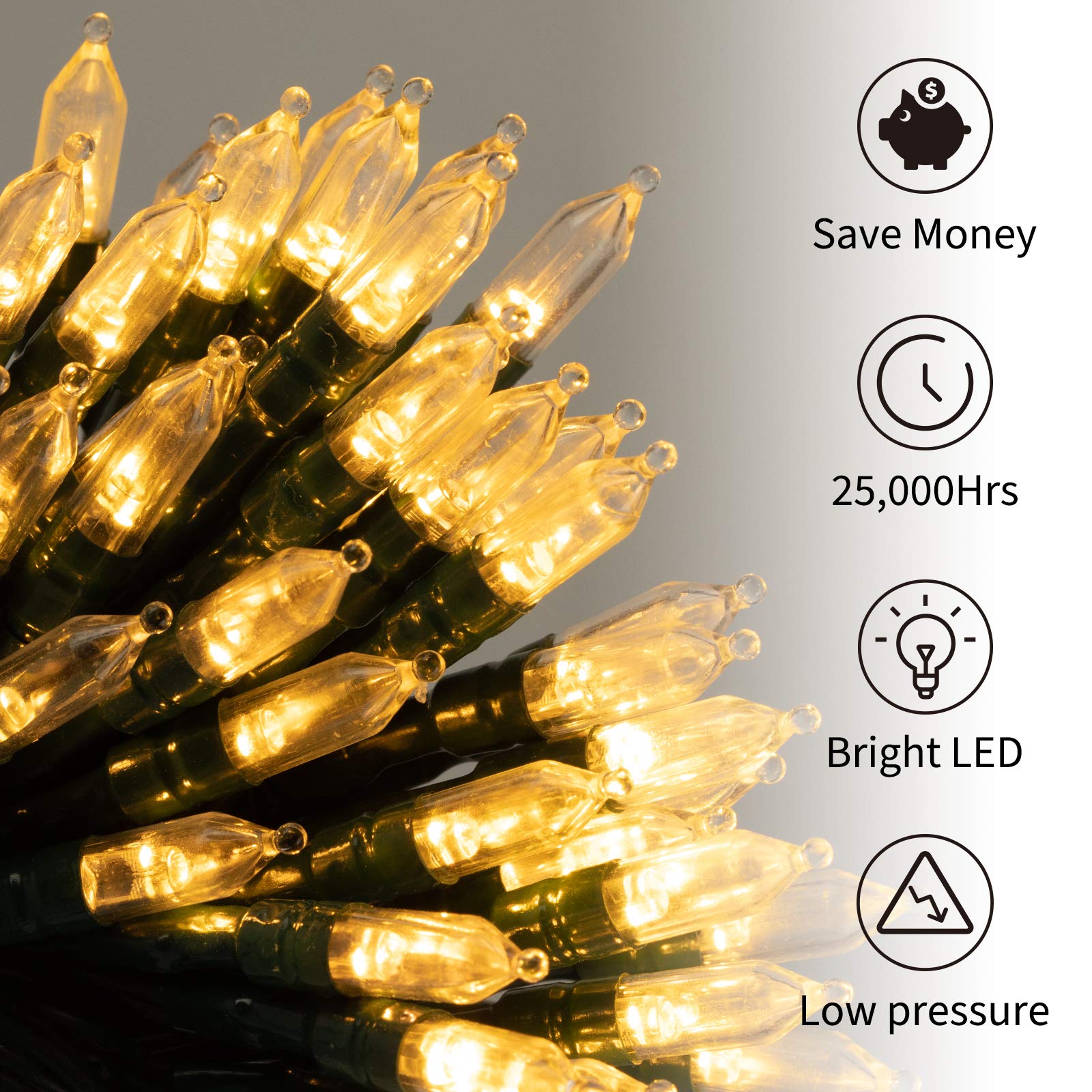 Minetom LED Christmas Mini Lights, 200 Clear Bulbs, 75 Feet, Warm White, 8 Light Modes, Connectable Fairy Lights, Model JT-EL/FC300V0200