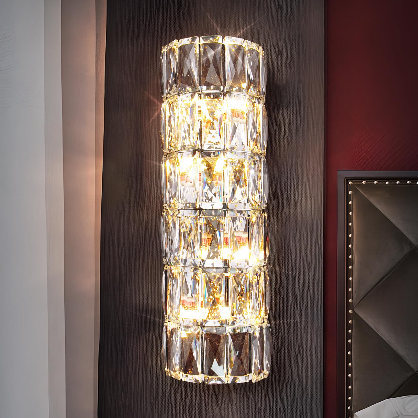 Kaiyuan 6 Layer Chrome Crystal Wall Sconce, Elegant Modern Luxury Light Fixture, Suitable For Bathroom, Stairway, Kitchen, Living Room, Bedroom, Hallway - 60W