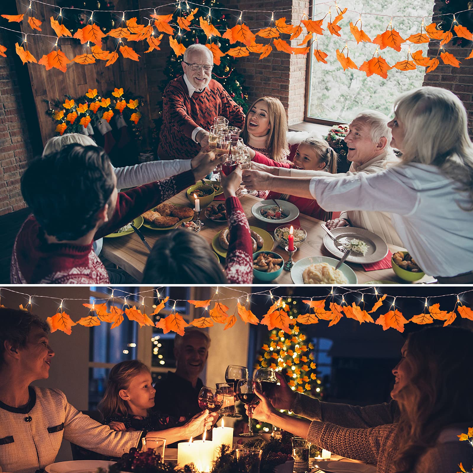 2 Pack Thanksgiving Decorations for Home Lighted Garland, Total 16.4Ft 50LED Fall Halloween Maple Leaves String Lights Battery O