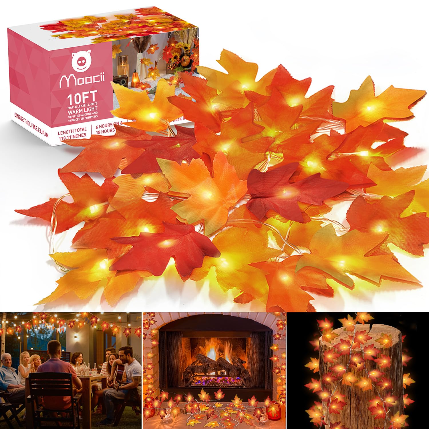 Fall String Lights Thanksgiving Decorations: 2 Pack Maple Leaf Garland with Lights Total 20ft 40 LED Orange Bulbs Battery Operated Fall Decor for Home Indoor Outdoor Room Autumn Harvest Halloween