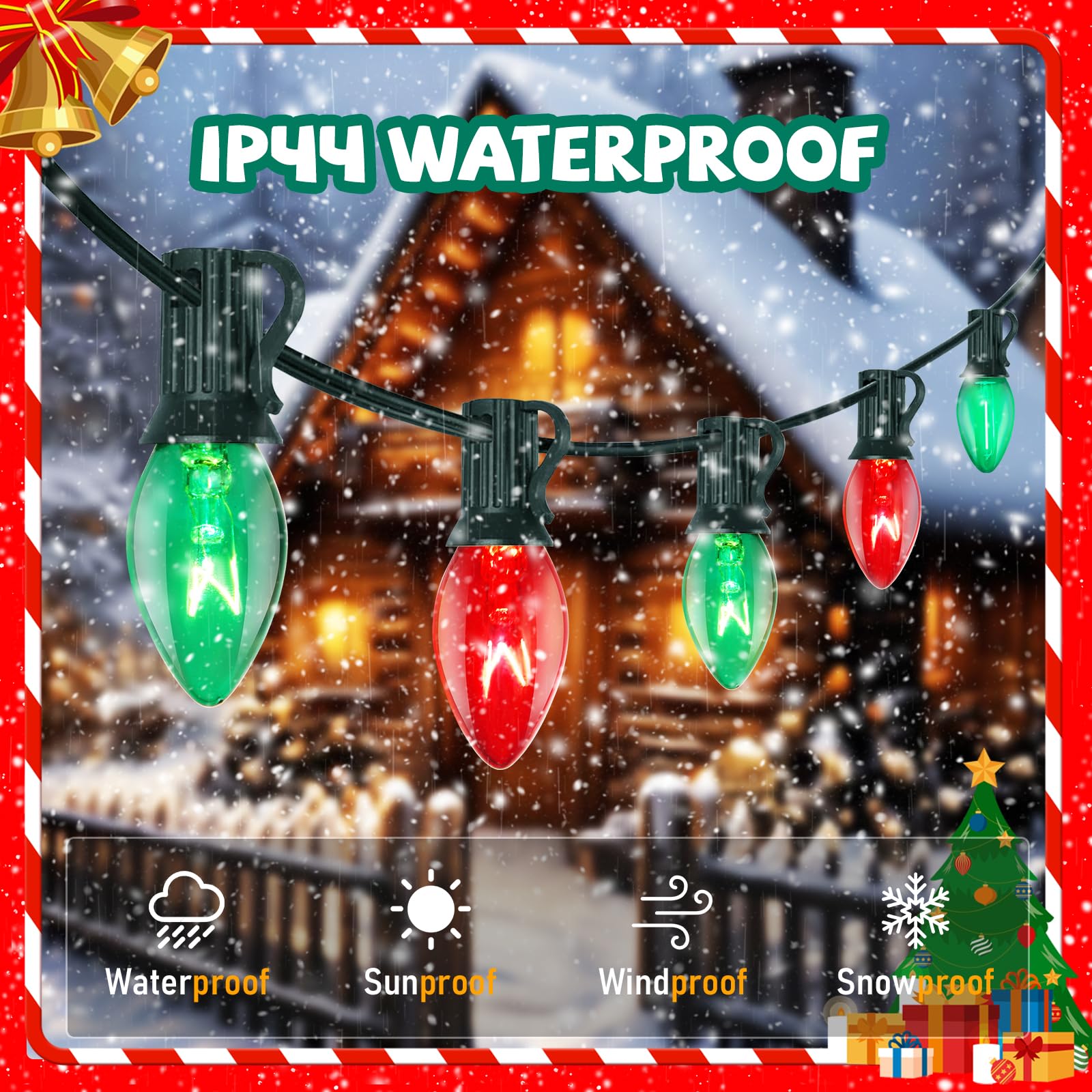 C7 Red Green Christmas Lights Outdoor, 25Ft Vintage Christmas String Lights With 27 Clear Red Green Ceramic Bulbs, Waterproof Co