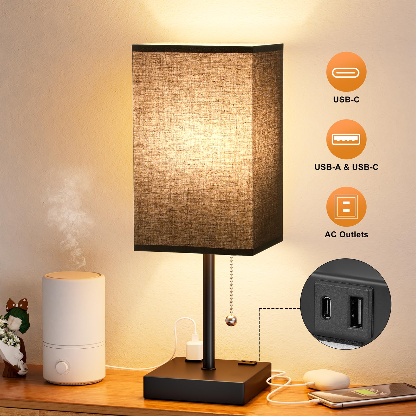Aooshine Black Medium Table Lamp With Usb Ports - 3 Color Temperature Bedside Lamp For Bedroom, Pull Chain Control, Usb A And C