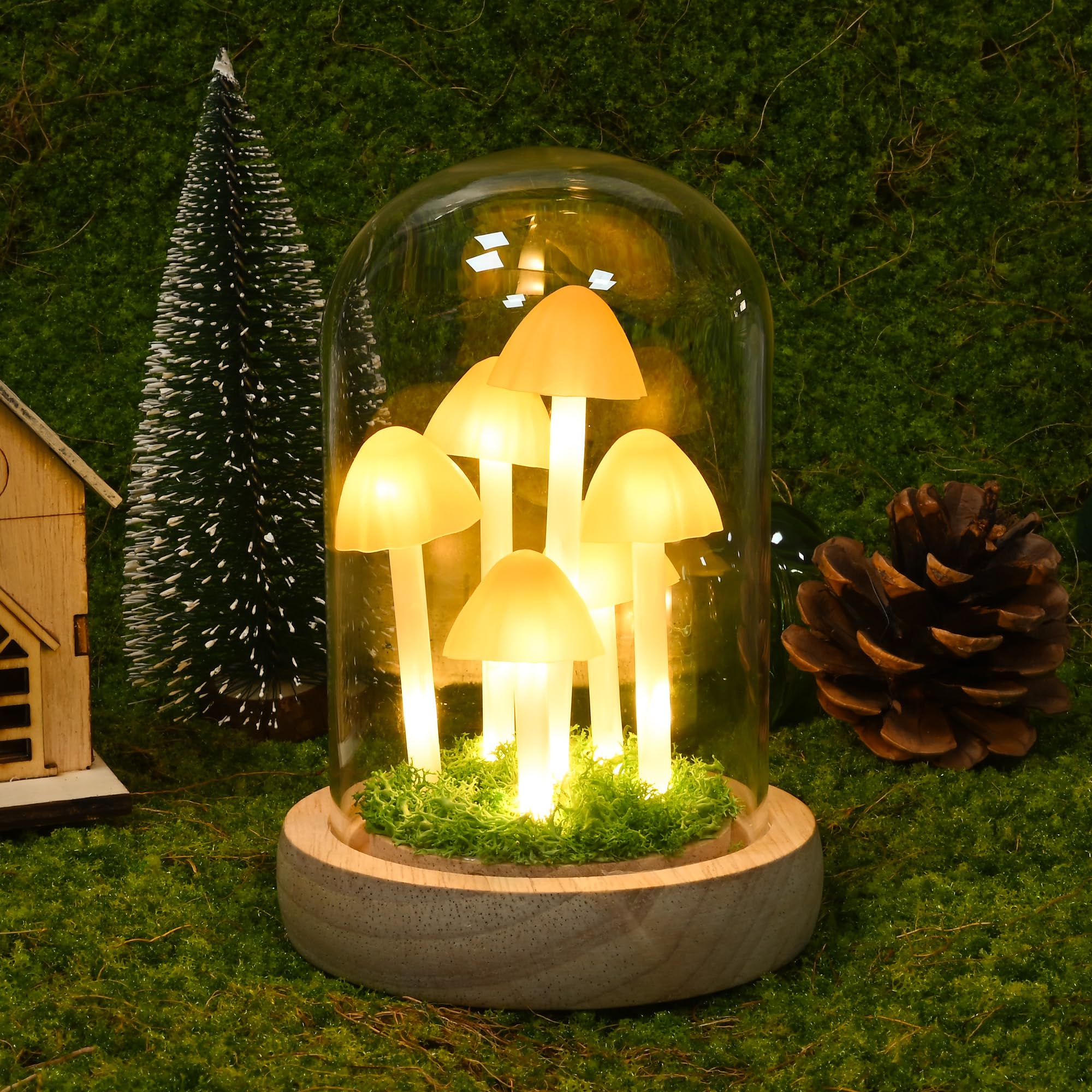 QUELIEN Mushroom Lamp with LED Light, Glass Dome Home Decoration, Yellow, Christmas Gift for Living Room, Office, Bedroom, Kitchen
