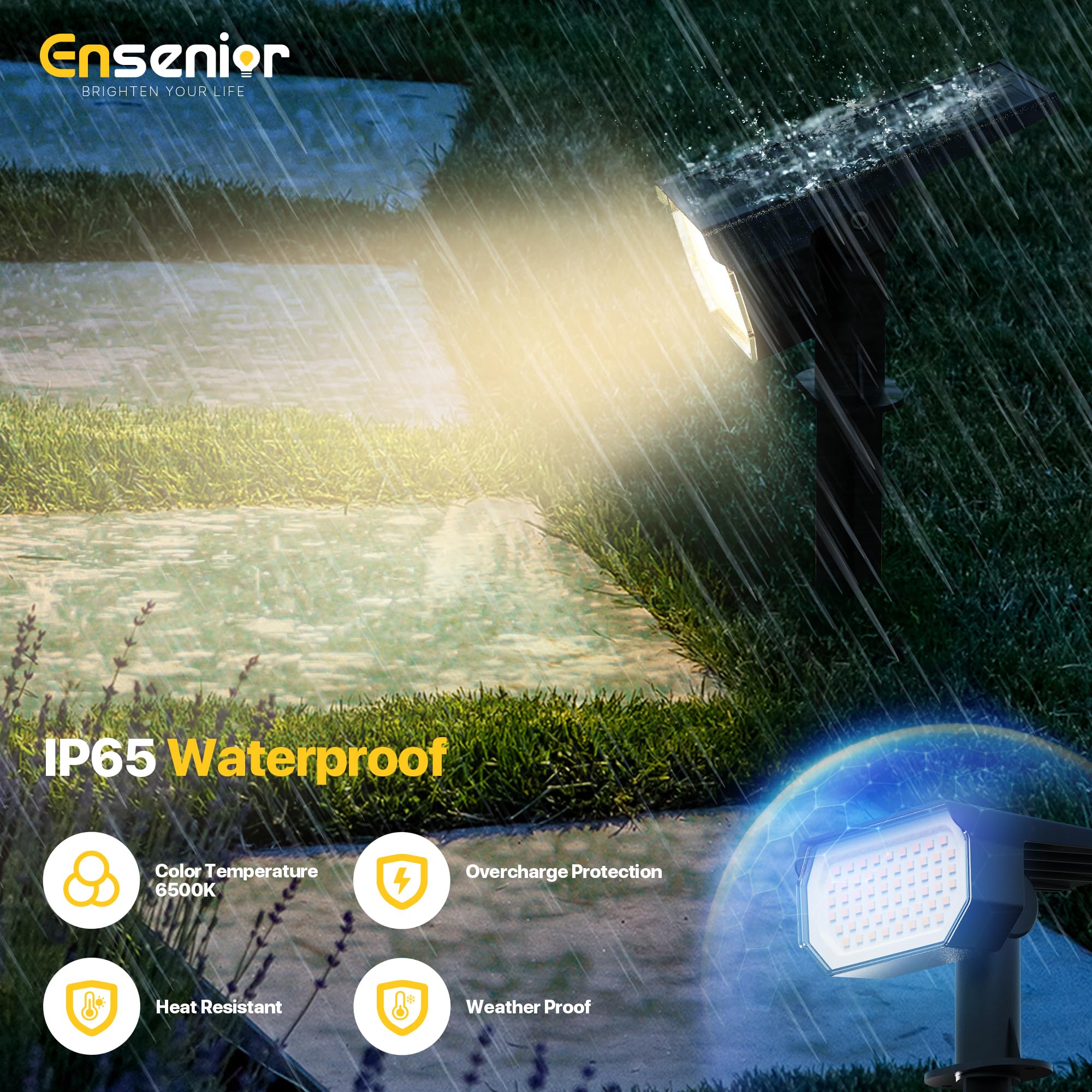 Ensenior Solar Spotlights Outdoor, 6500K Brightness Adjustable LED, 4 Pack, Waterproof, Cool White, Model: CP2-13CM-65K-04-BL-Z
