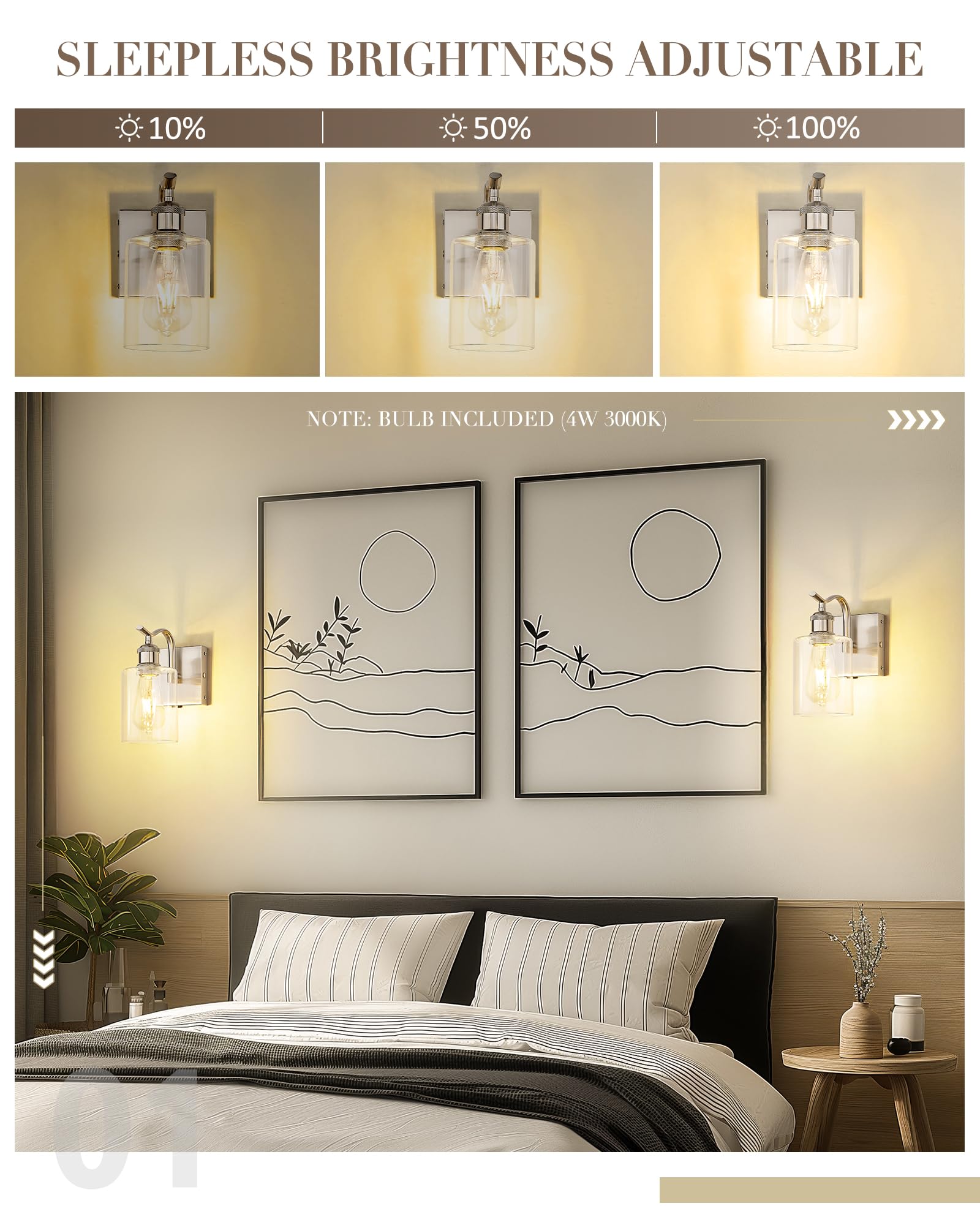Jazava Brushed Nickel Battery Cordless Wall Sconces  Rechargeable Sconces Wall Lighting Fixture With Clear Glass Shade For Bathroom Industrial Metal Wall Mount Lamp For Bedroom Living Room Zcvl01Bn-1A