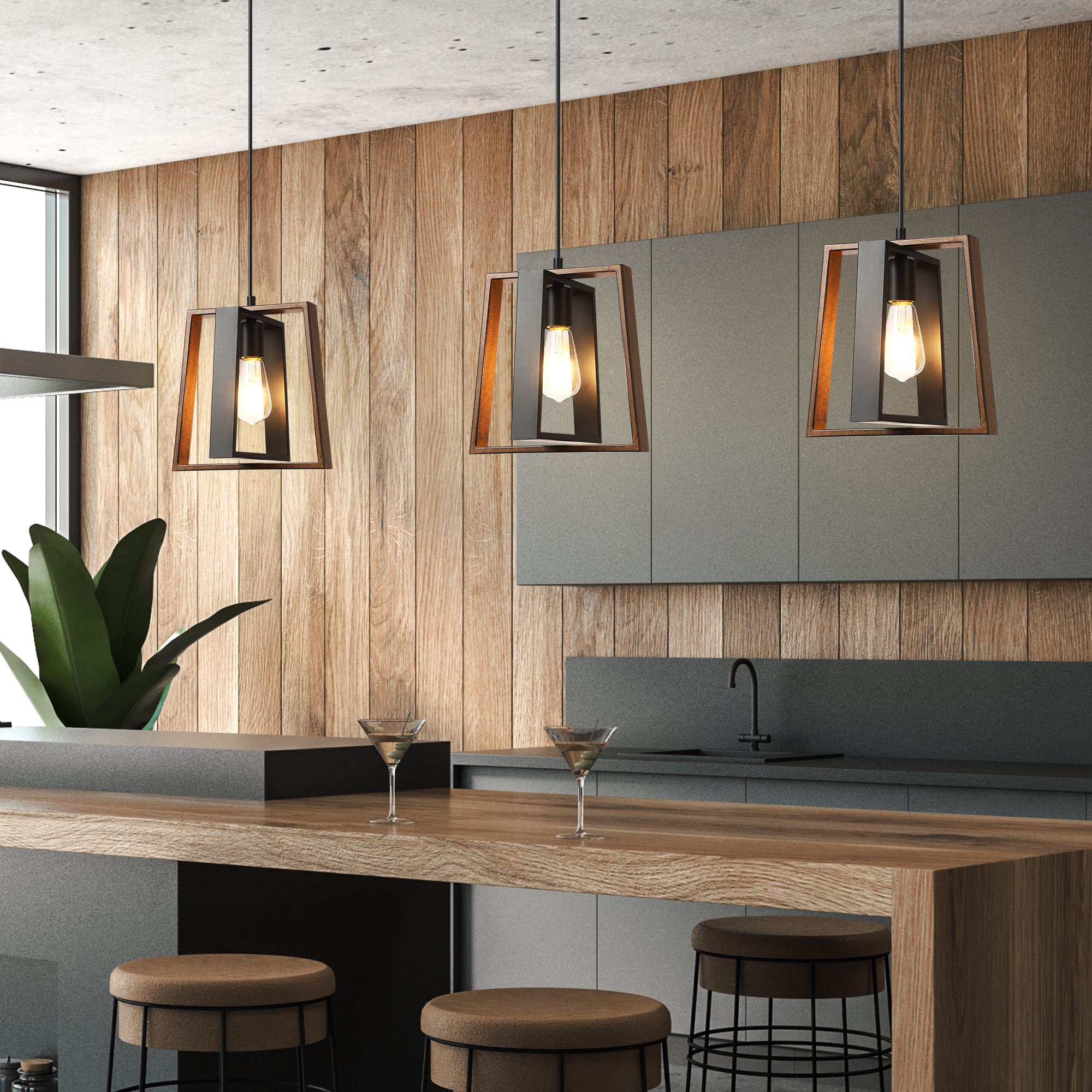 EDISHINE Island Lights for Kitchen, Black Kitchen Island Lighting with Wood Grain Finish, Adjustable Farmhouse Pendant Lights fo