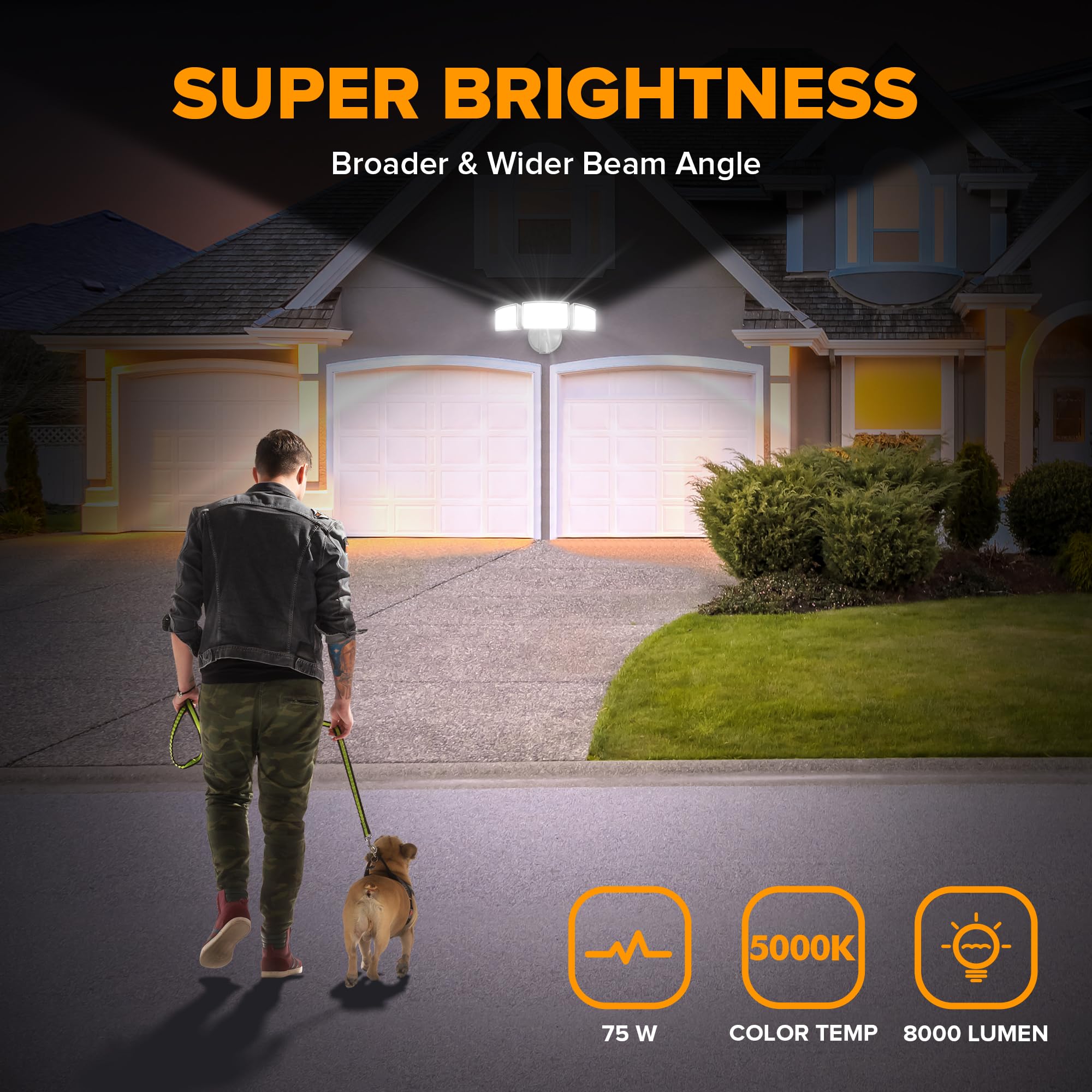 LUTEC 75W LED Flood Light - 8000 Lumen, 3 Adjustable Heads, 5000K Daylight, IP65 Waterproof, White, Model 9693f828