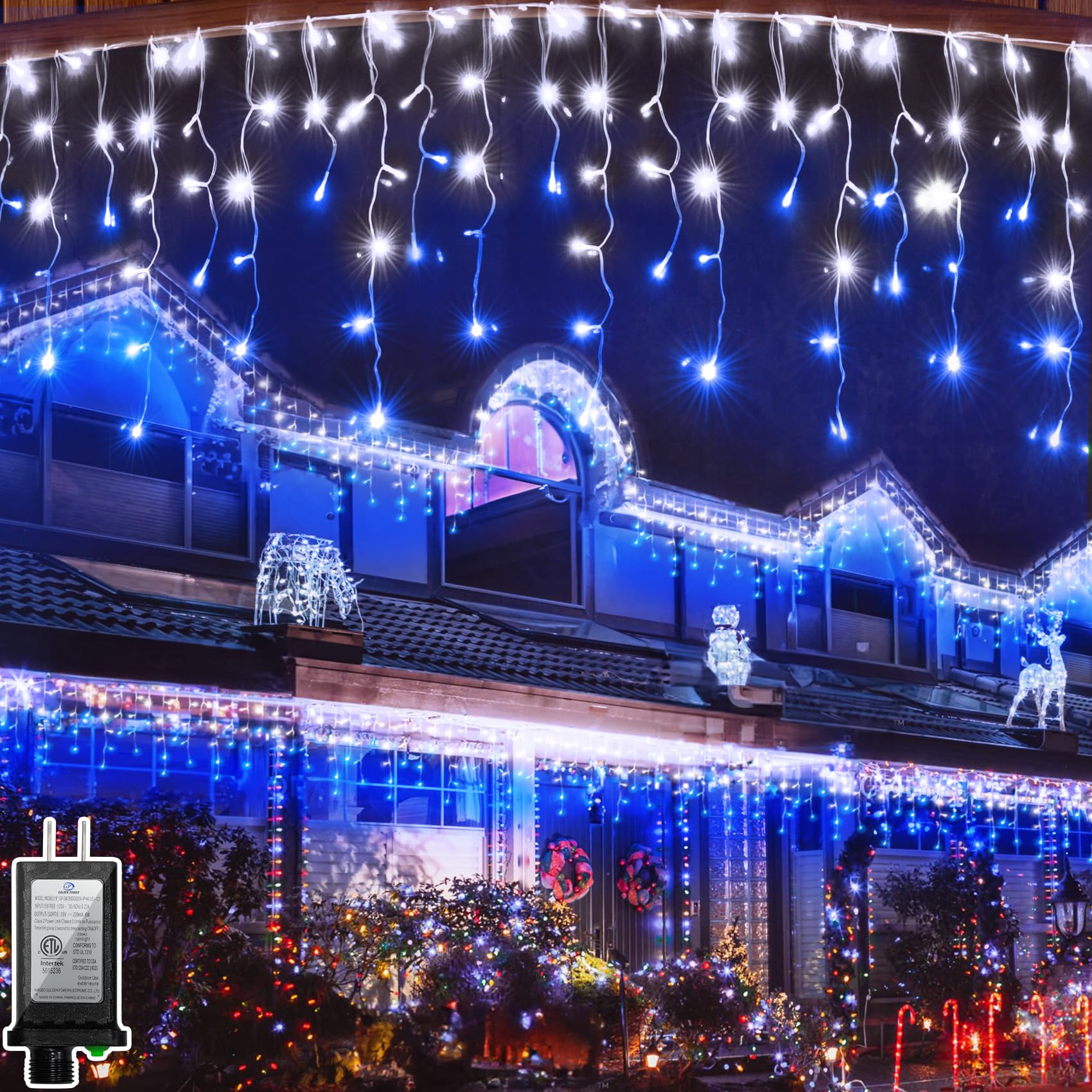 132FT 1332 LED Outdoor Christmas Lights - 296 Ice Drops  12 Pro Modes with Timer Memory & Brightness  Waterproof Hanging Ice String Light for Holiday Wedding Garden Fence House Decor (White & Blue)
