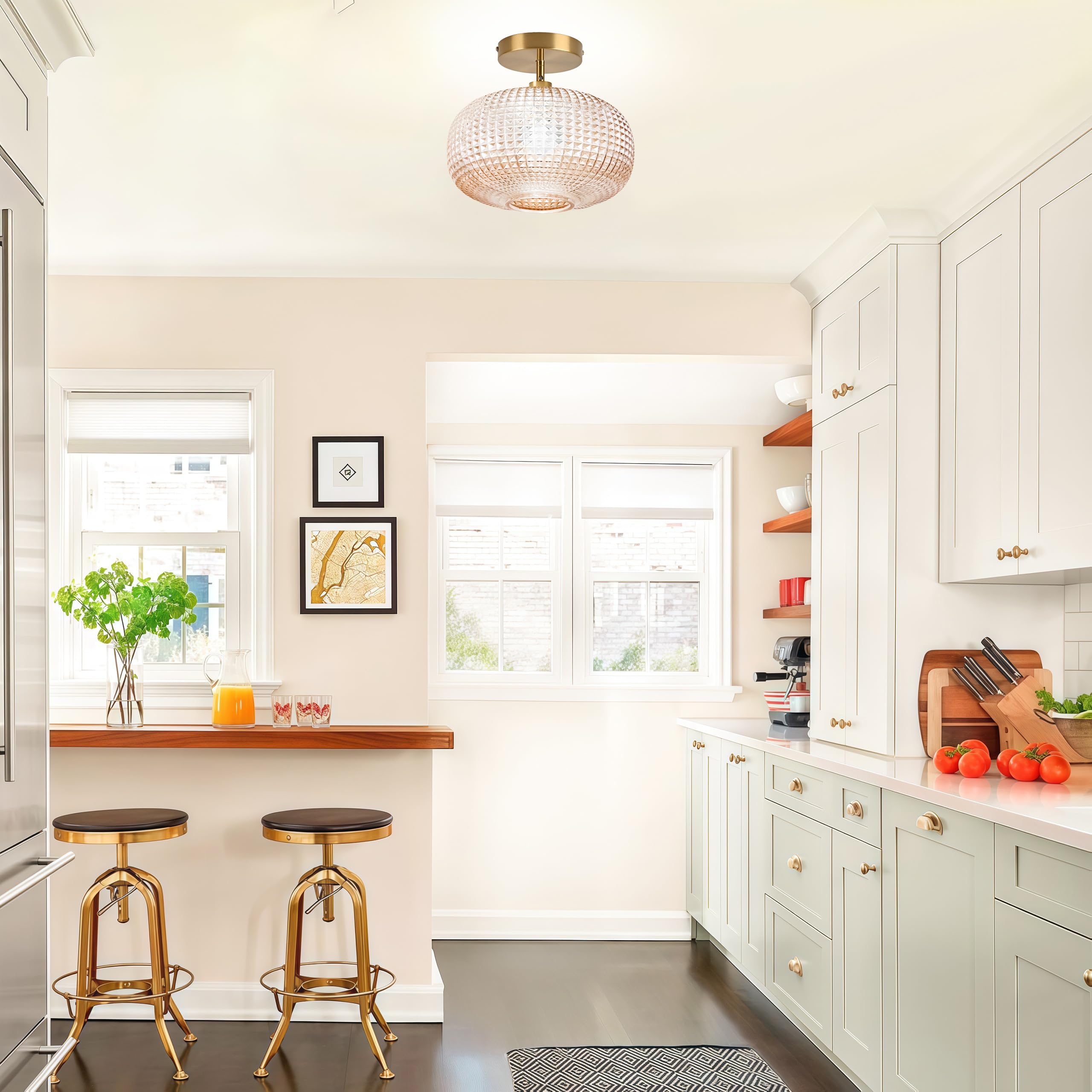 Jolydoly Semi Flush Mount Ceiling Light Vintage Small Ceiling Light Fixture Hallway Lighting Fixture With Amber Glass Shade Art Deco Kitchen Lighting Fixtures Ceiling For Bedroom Bathroom Porch