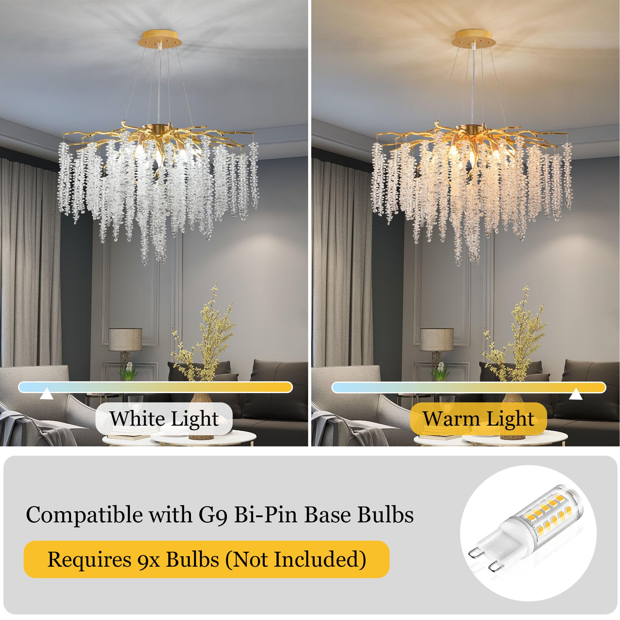 Upfelw Modern Crystal Tree Branch Chandelier - 9 Lights, D23.7'', Gold Pendant Light for Dining Room, Living Room, Bedroom - Model UBC-G09-0426