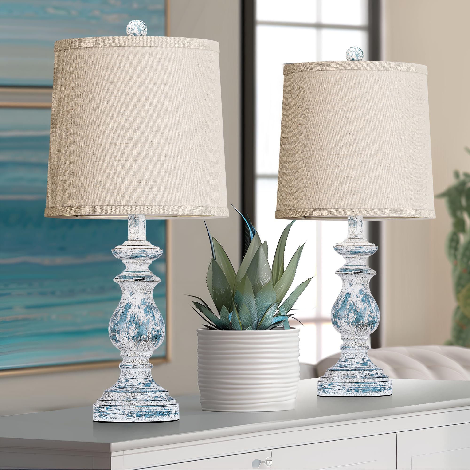 PARTPHONER Traditional Table Lamp Set of 2, 22in Rustic Resin Lamps, Washed Blue, Vintage Linen Shades
