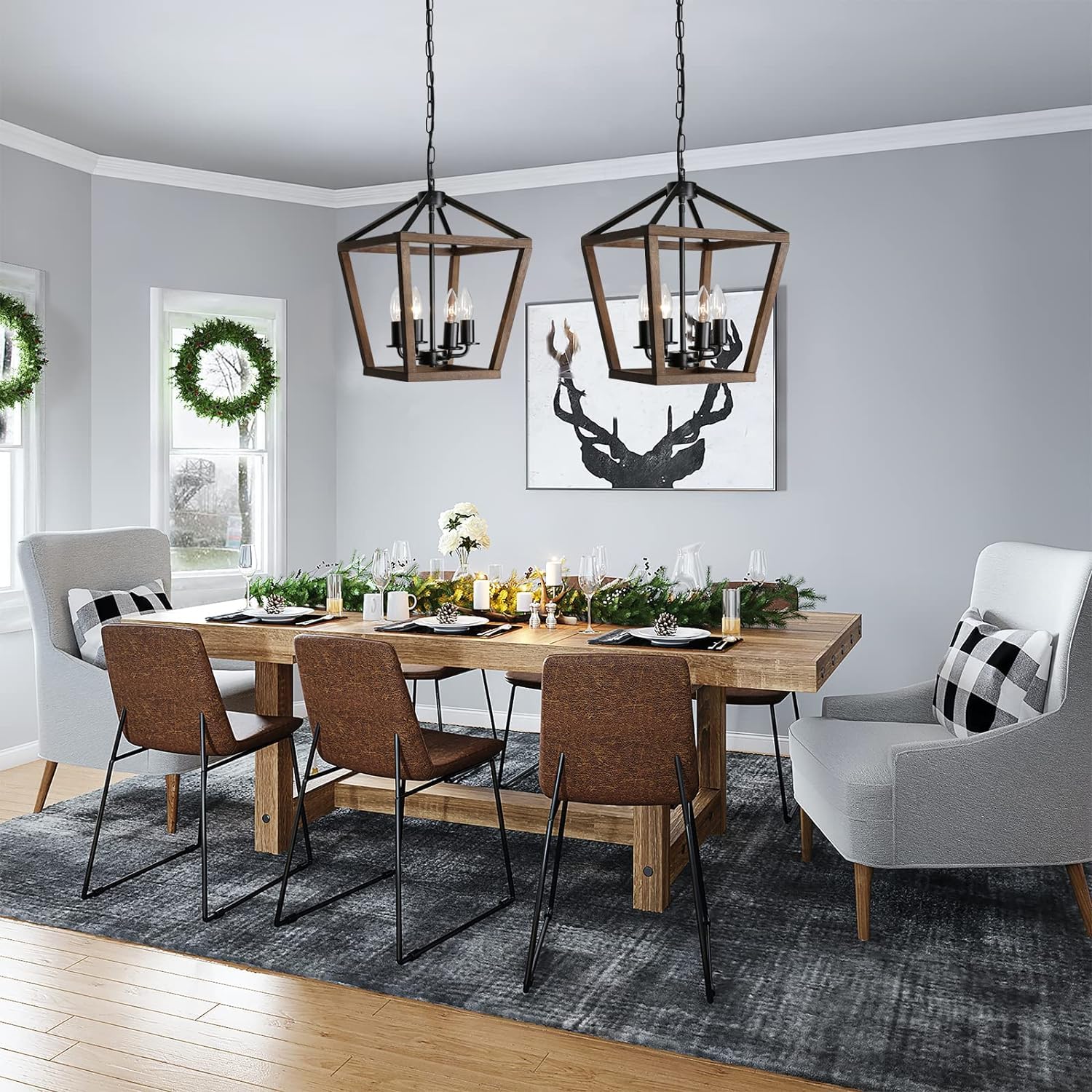 Telafly 4-Light Lantern Pendant Light,Black Wood Cage Farmhouse Chandelier For Kitchen Island,12'' Rustic Metal Geometric Hangin