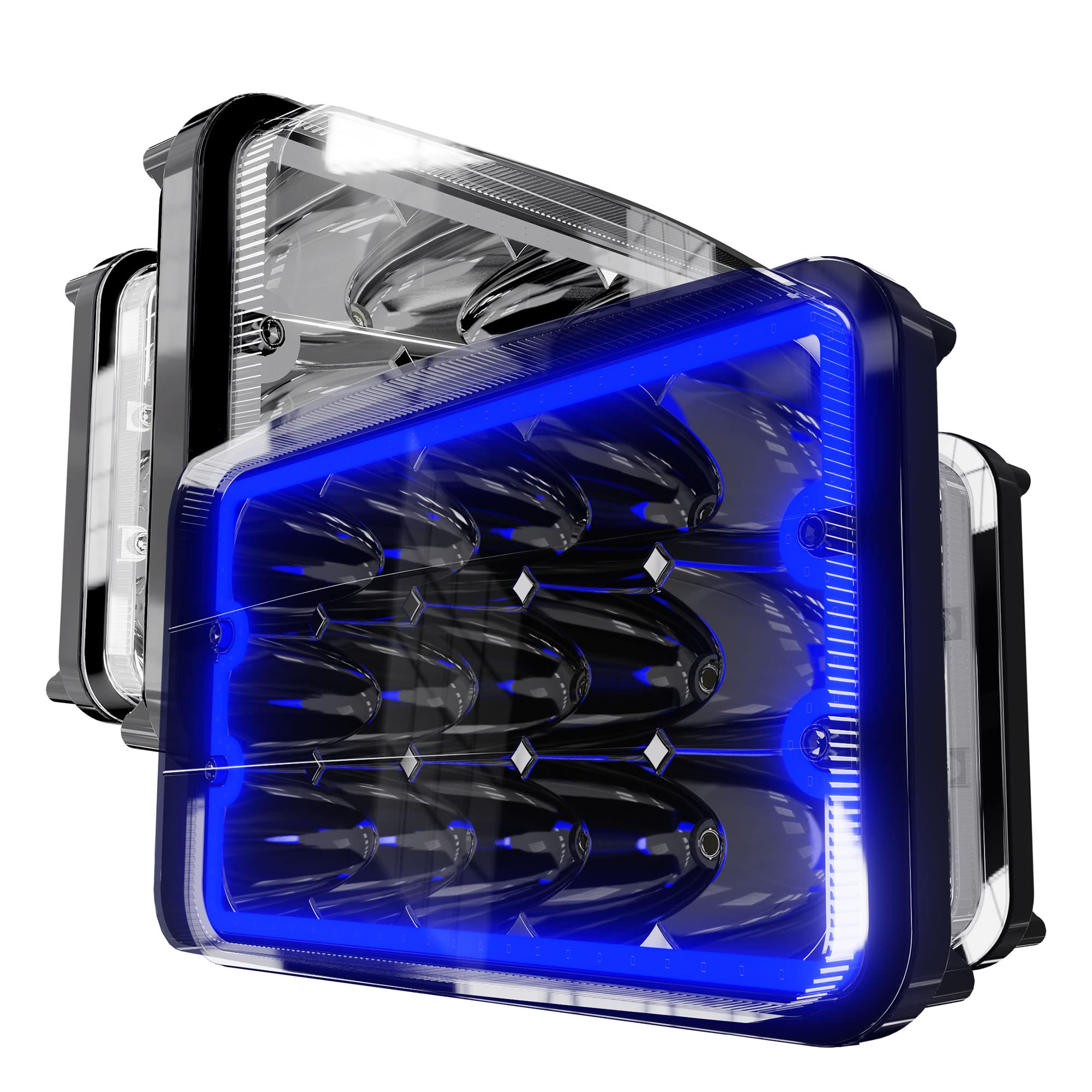 ROLINGER 4PCS Off Road Plug and Play Sealed Beam LED Light H4651 H4652 H4656 H6545 4X6 LED Lights with Blue Halo Lights Rectangular Light for Peterbilt Kenworth Freightliner