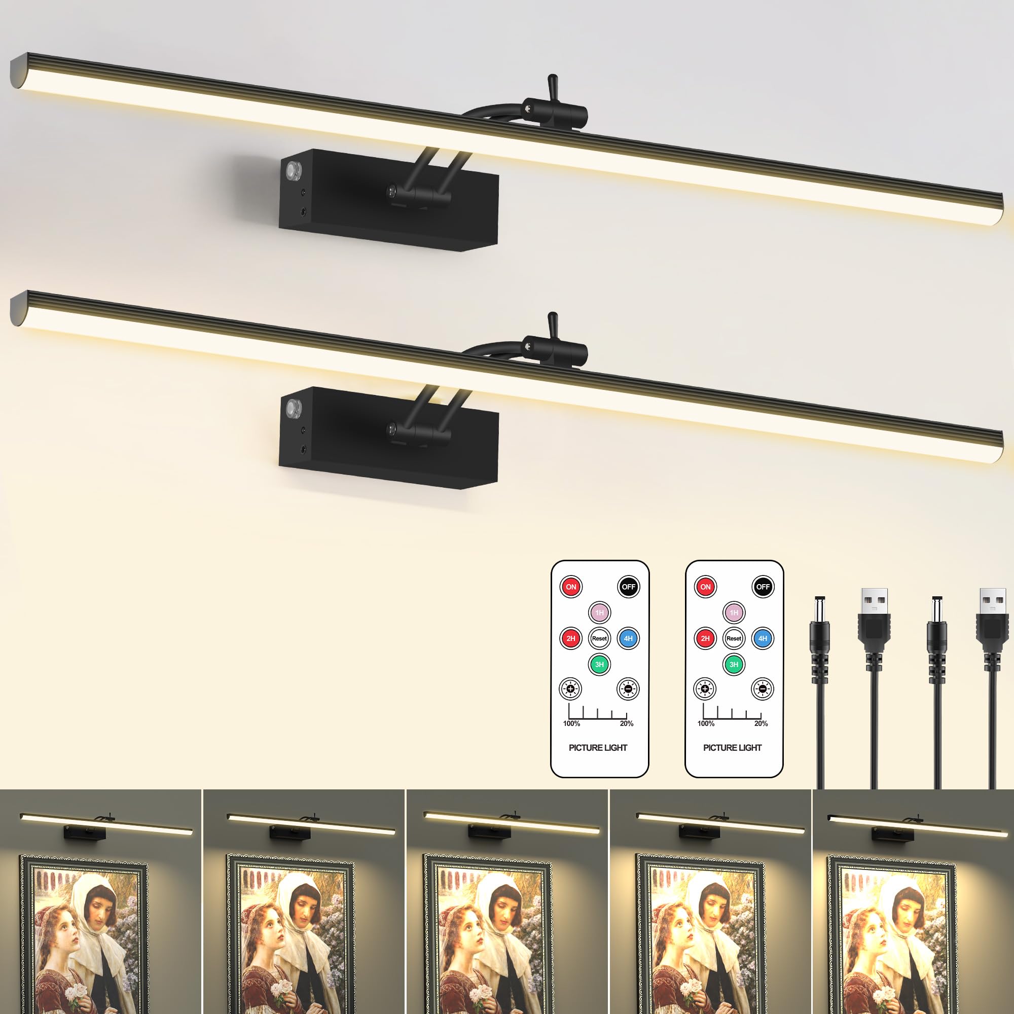 24 inch Picture Light for Wall, 2 Pack 6400mAh Rechargeable Battery Operated Picture Lights , Wireless with Remote Gallery Light