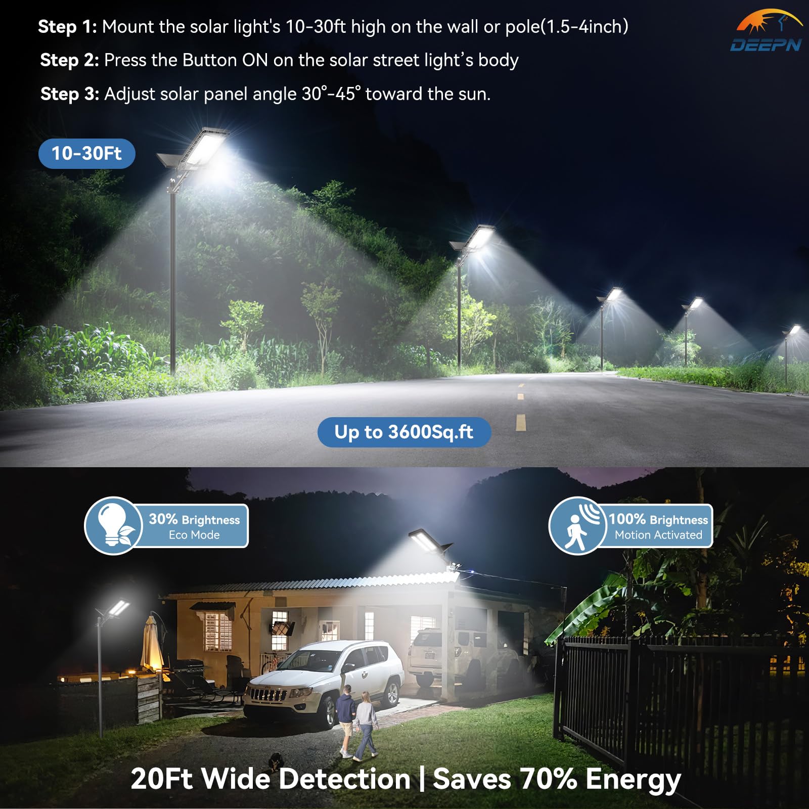 Solar Lights Outdoor 8000W, Solar Street Lights Outdoor IP67 Waterproof Dusk to Dawn 7000K LED Security Flood Light with Motion