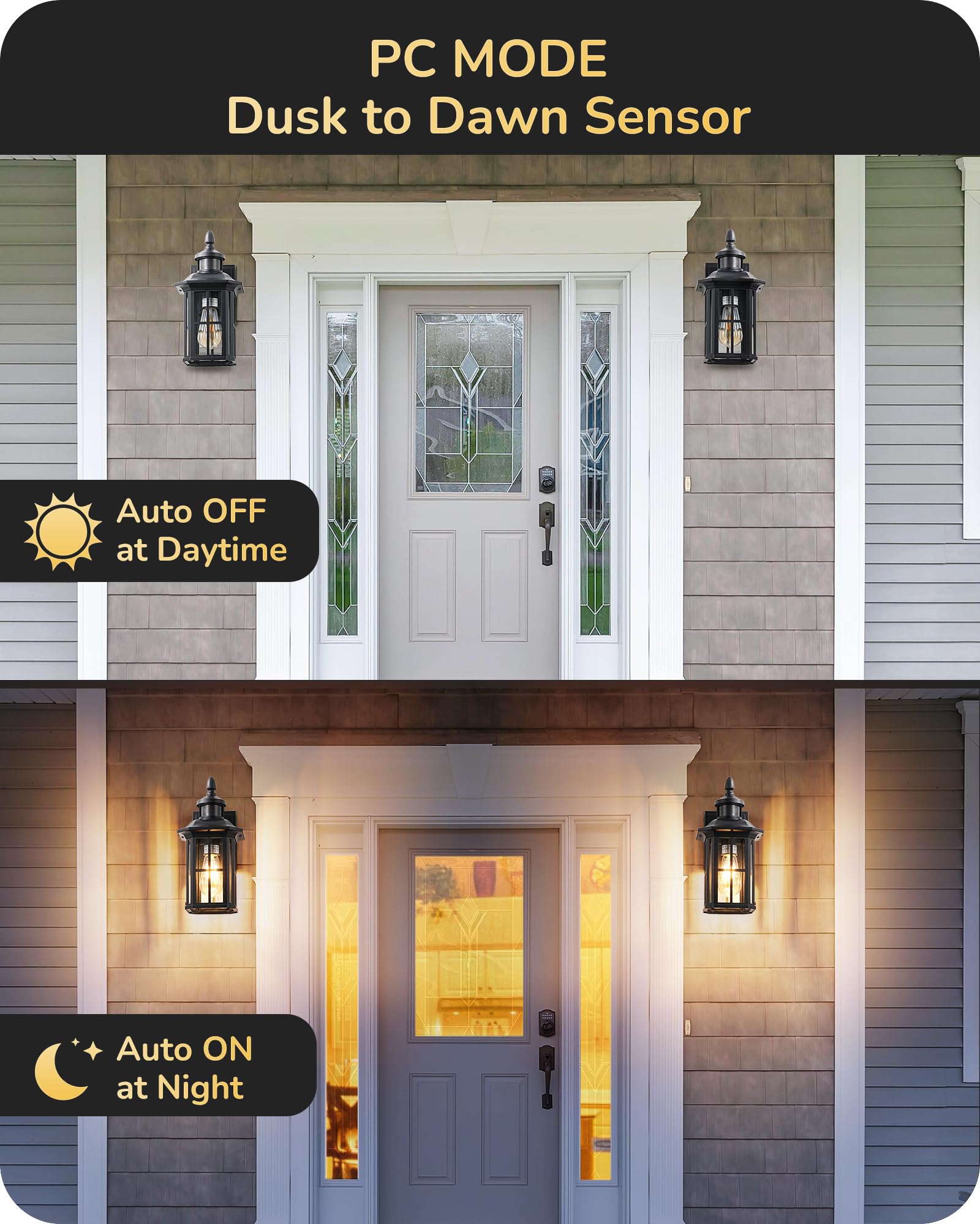 EDISHINE 2 Pack Motion Sensor Outdoor Wall Lights, Dusk to Dawn Exterior Lighting Fixture, Modern Porch Light Wall Mount, Clear