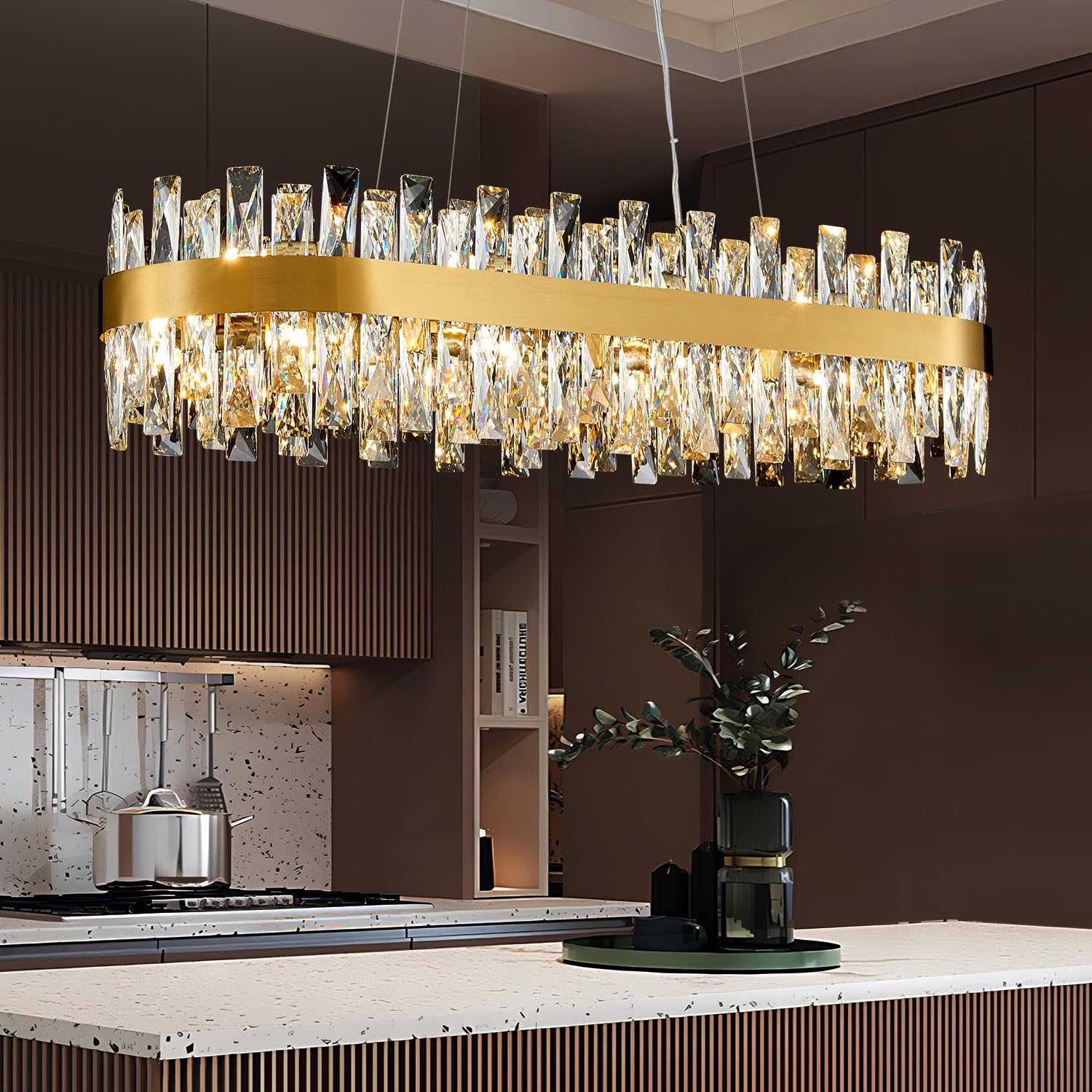 TMAFON Modern Chandelier, Rectangle K9 Crystal, 35.4in Hanging Light Fixture, Gold, Model TMAZ-8047-L900GD